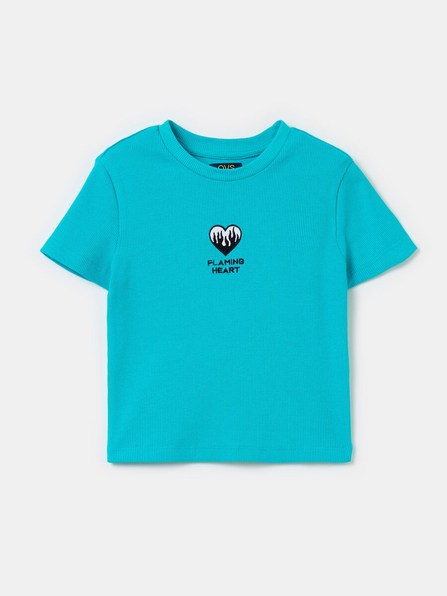 T-shirt a costine con ricamo cuore_0