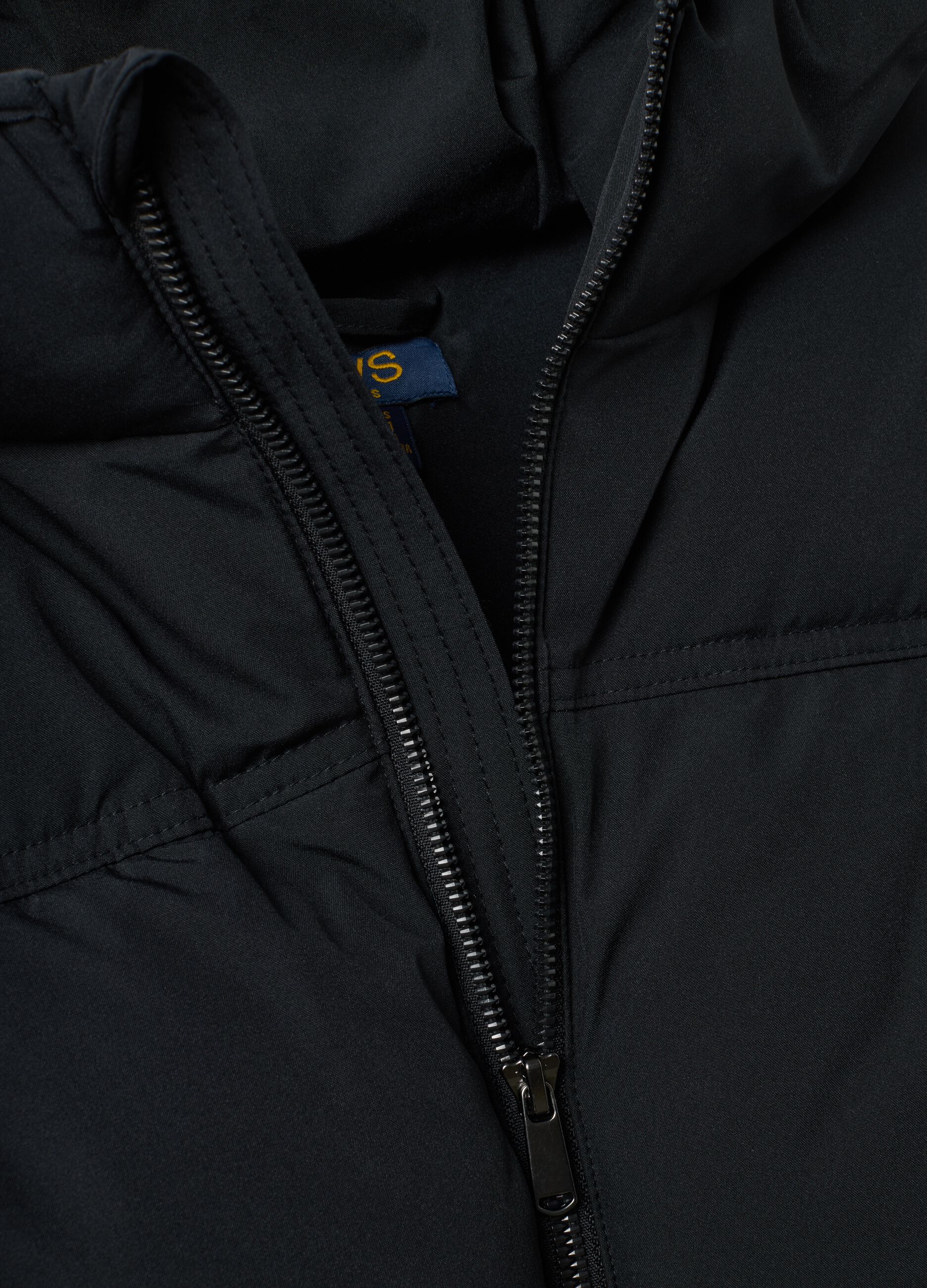 Black padded hooded jacket with water-resistant zip, oversized fit