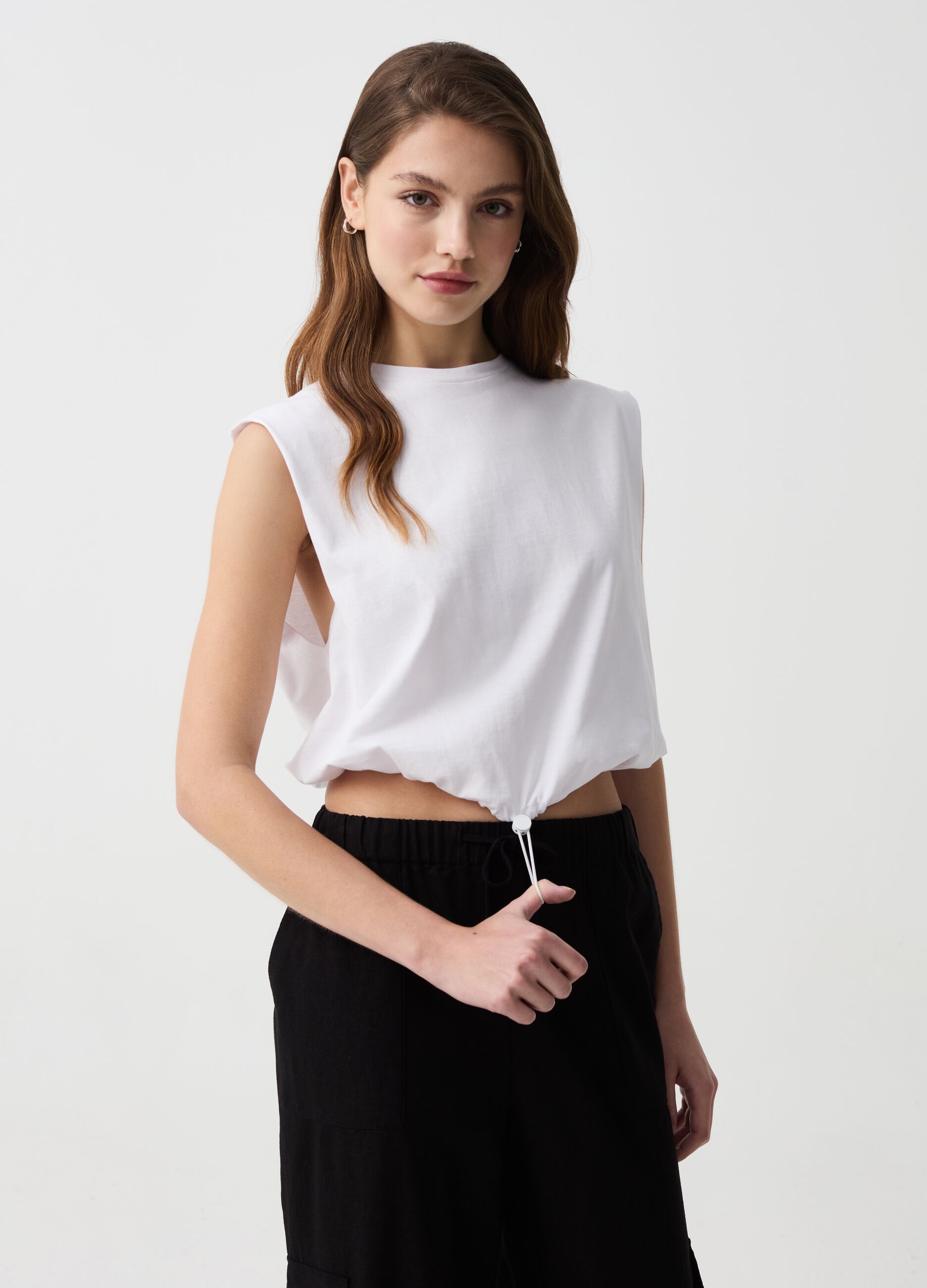 Boxy-fit crop T-shirt with drawstring