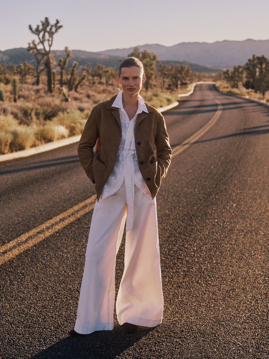 Brown genuine leather regular fit blazer with buttons_0