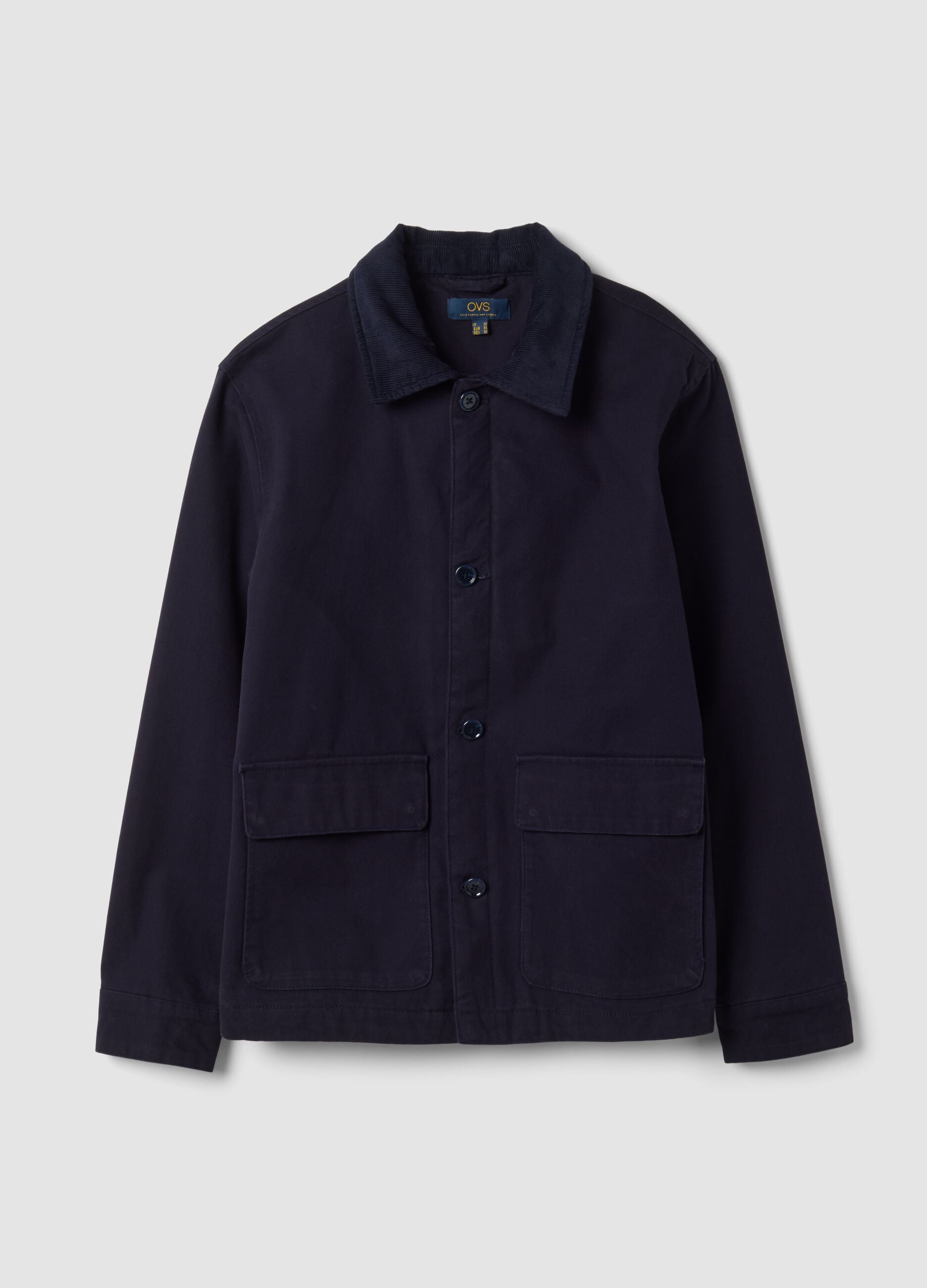 Shacket blu navy imbottita in puro cotone regular fit con colletto a contrasto