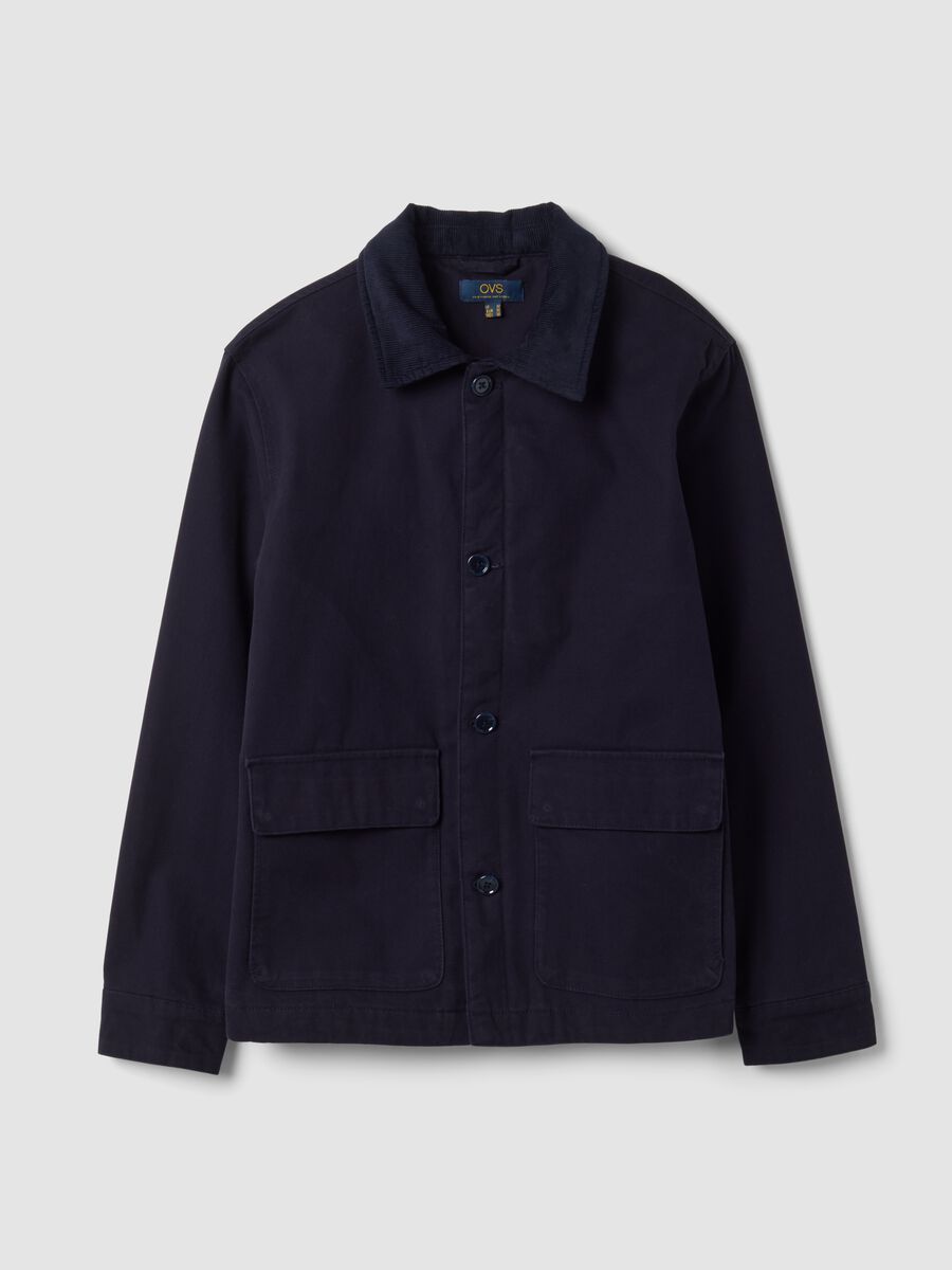 Shacket blu navy imbottita in puro cotone regular fit con colletto a contrasto_0