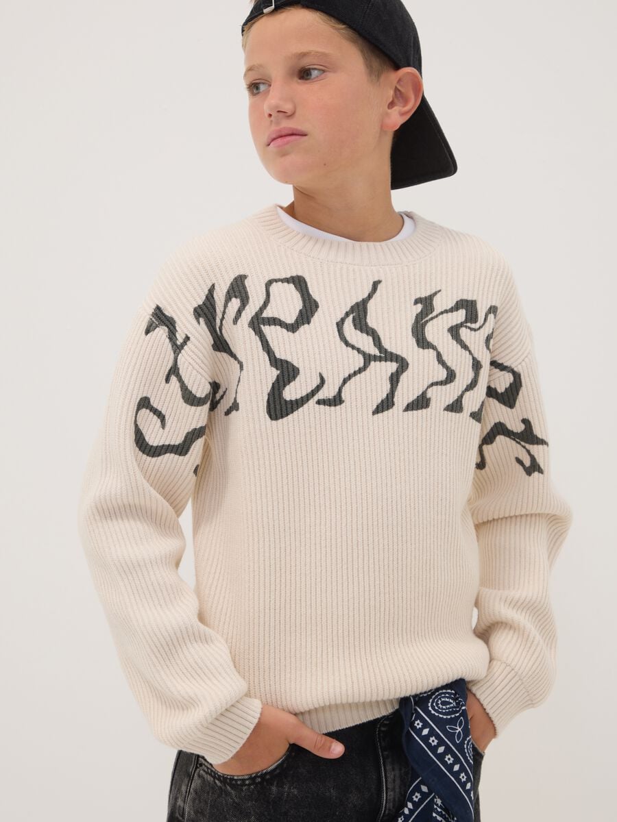 Beige oversized cotton-blend ribbed crew-neck top for boys_2
