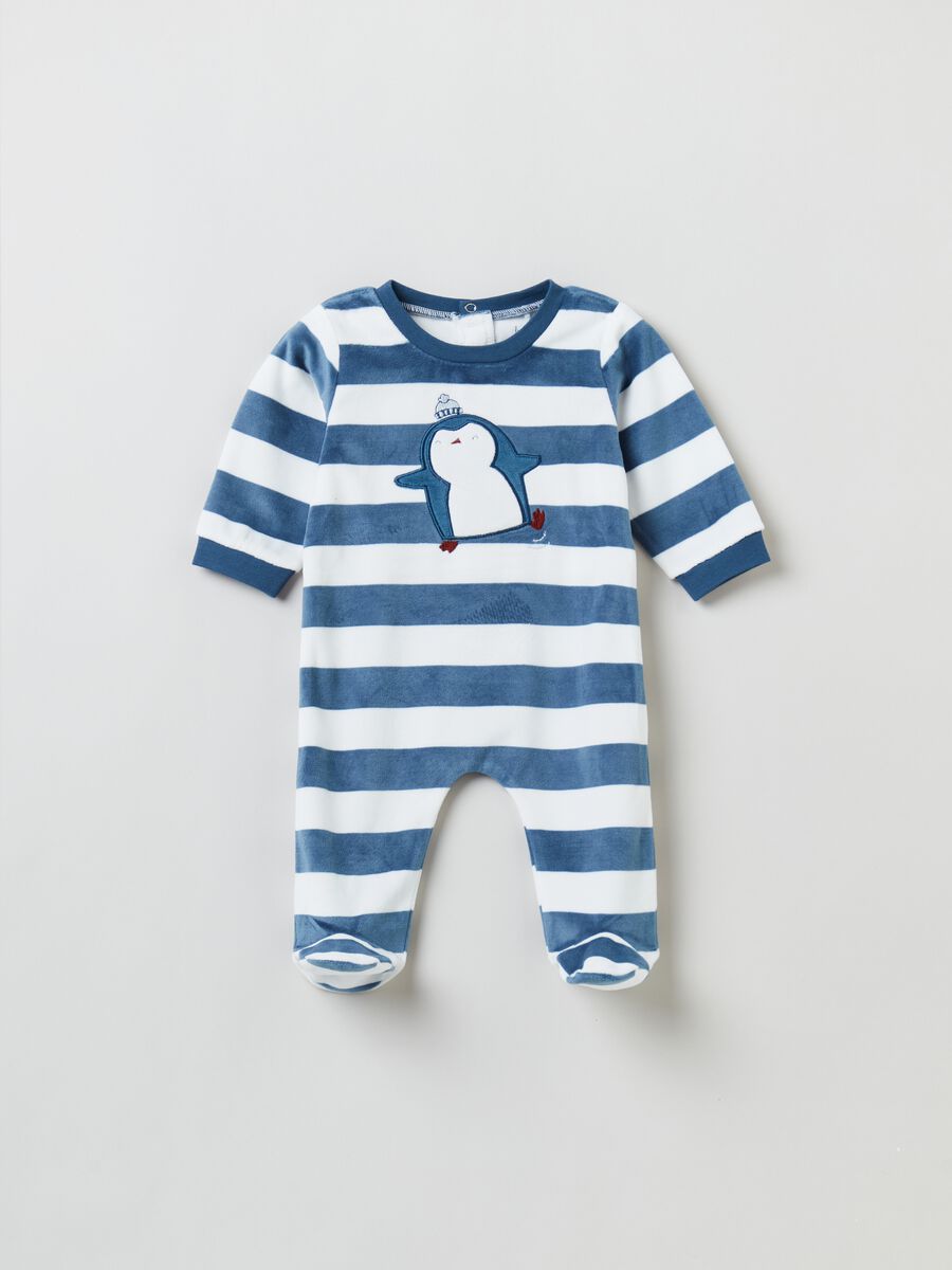 Striped velour onesie with embroidered penguin_0