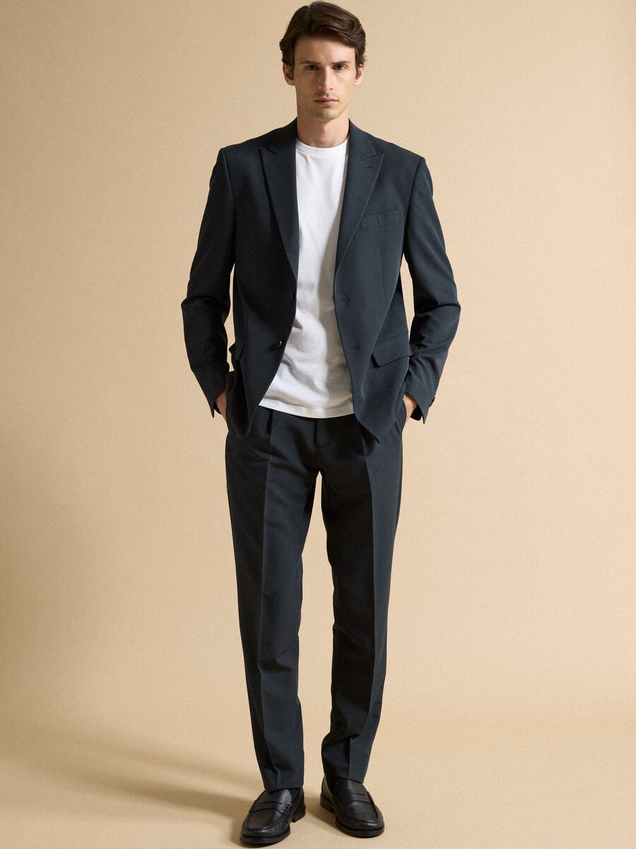 Navy slim-fit stretch viscose twill blazer with peak lapels_1