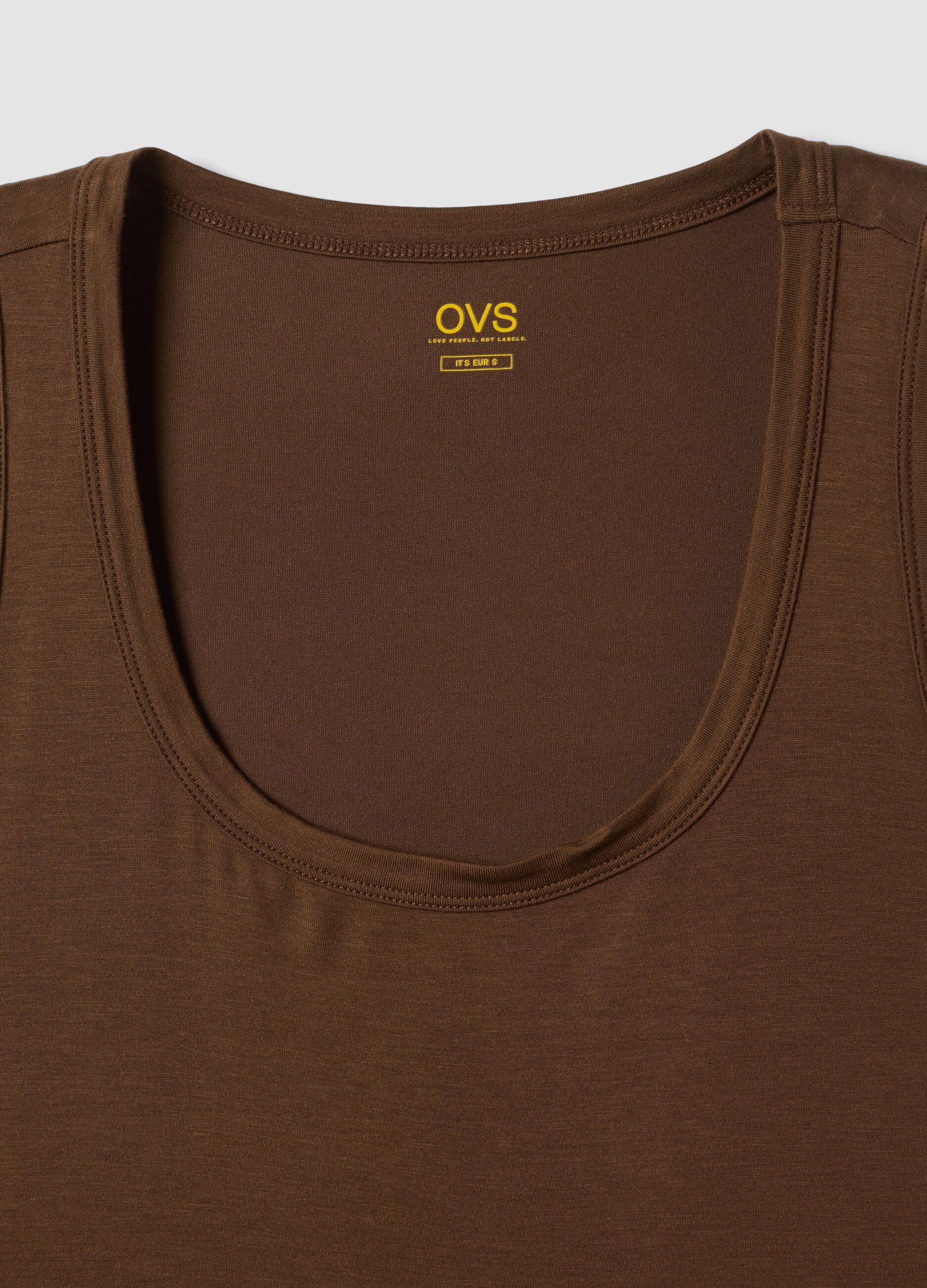 Brown stretch viscose tank top, regular fit