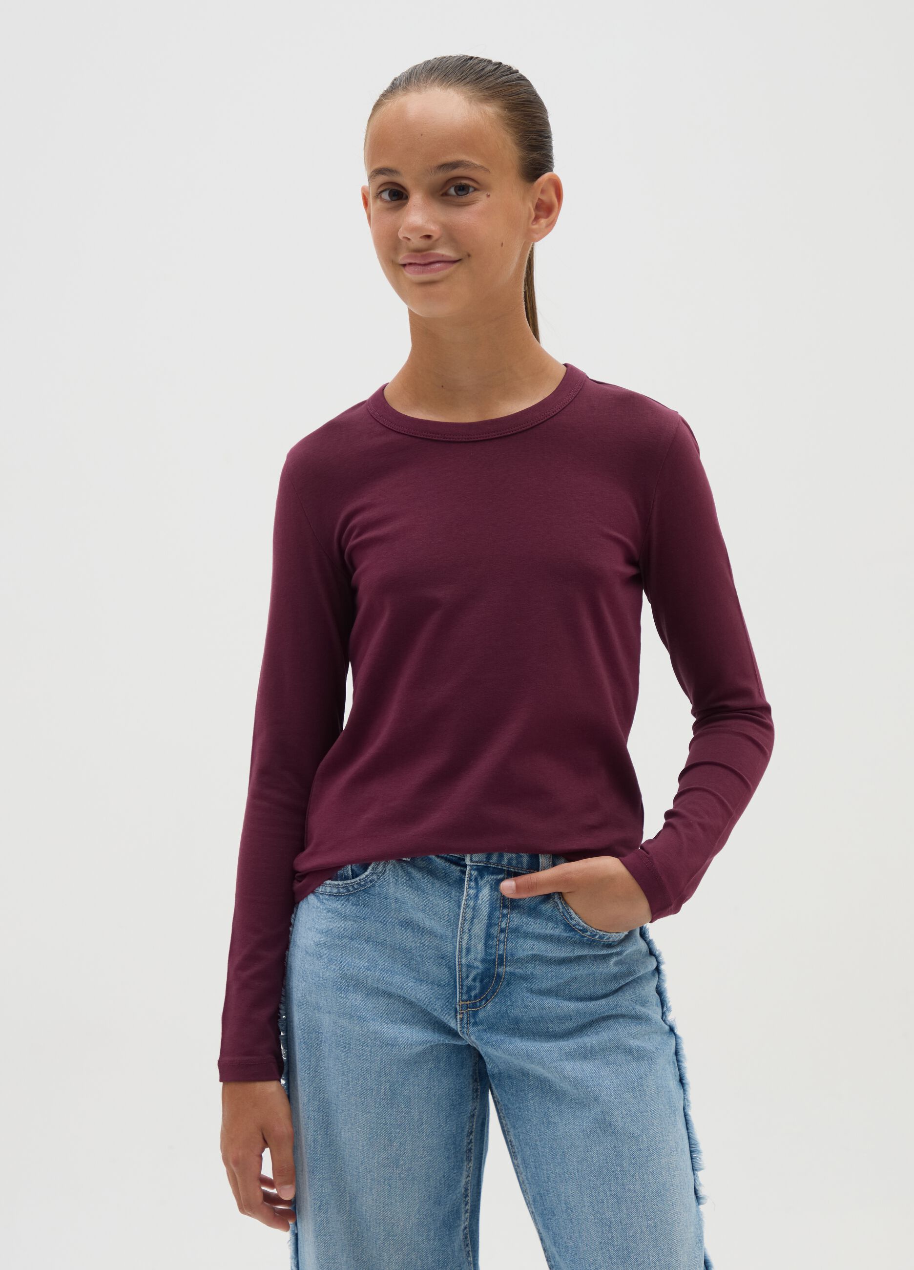 Mädchen Langarmshirt in Bordeaux Uni