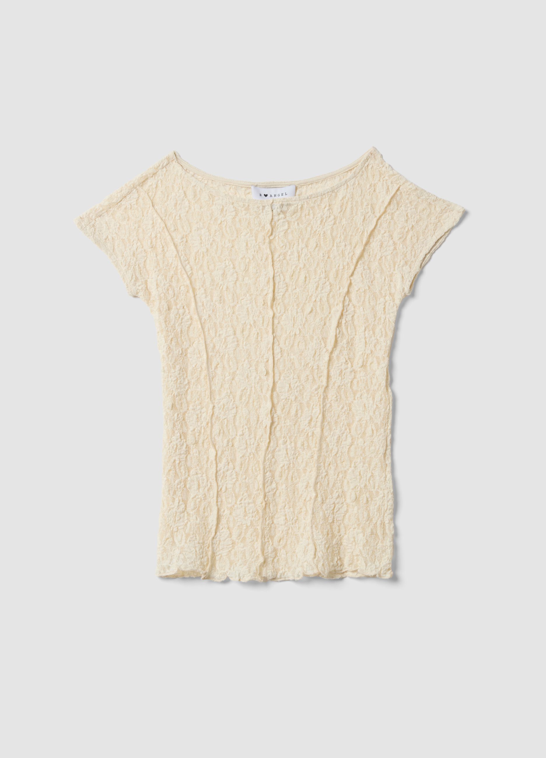 White stretch T-shirt with raised floral texture