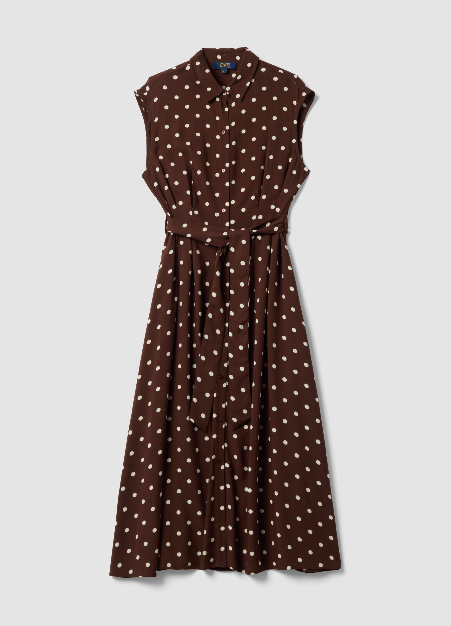 Brown midi dress in pure viscose with polka dots, regular fit