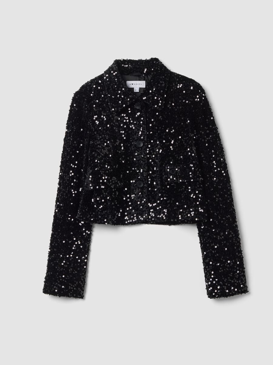 Black chenille regular-fit blazer with sequins_0