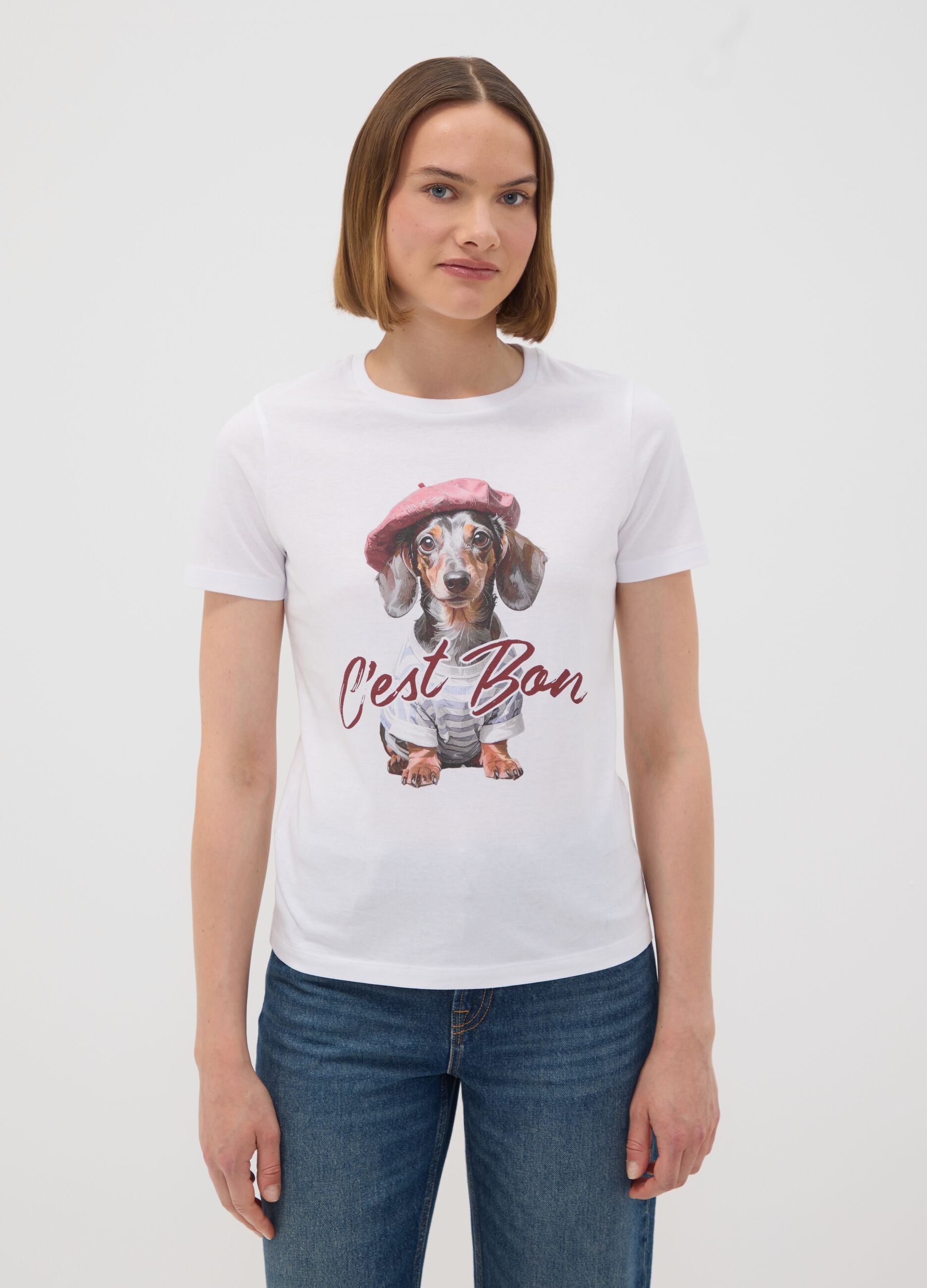 T-shirt bianca in puro cotone jersey e stampa cagnolino regular fit