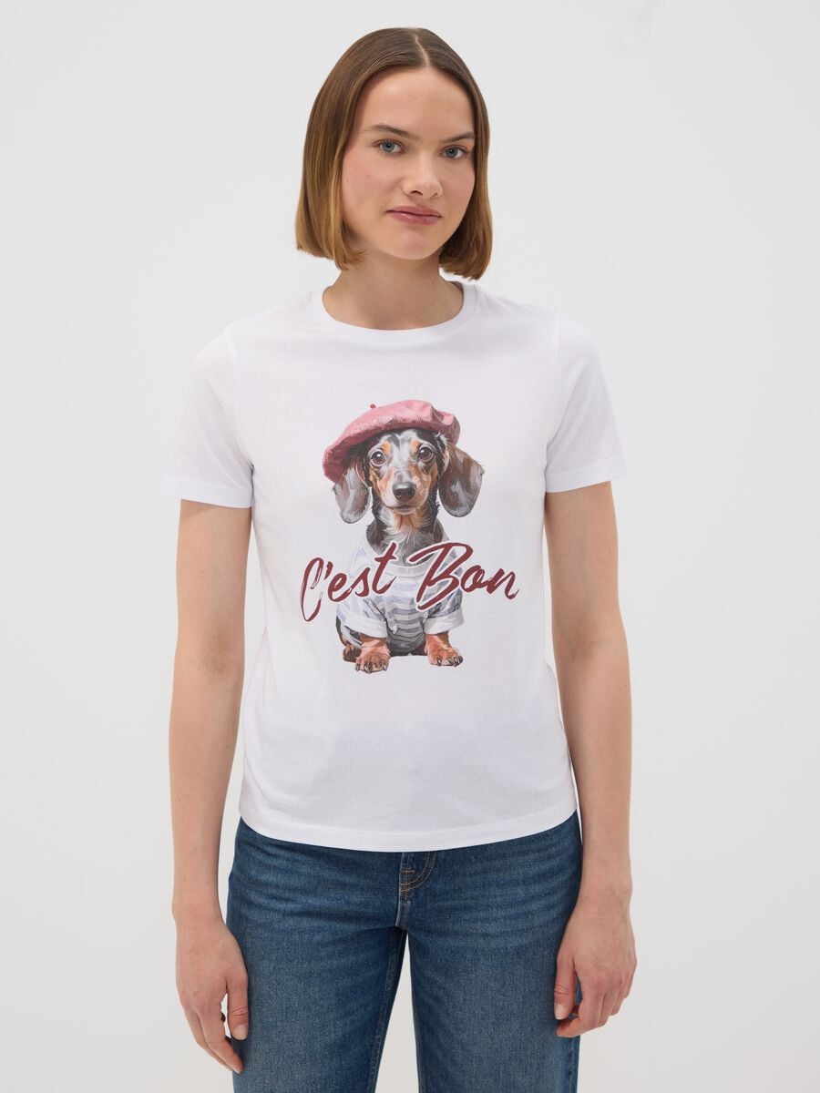 T-shirt bianca in puro cotone jersey e stampa cagnolino regular fit_1