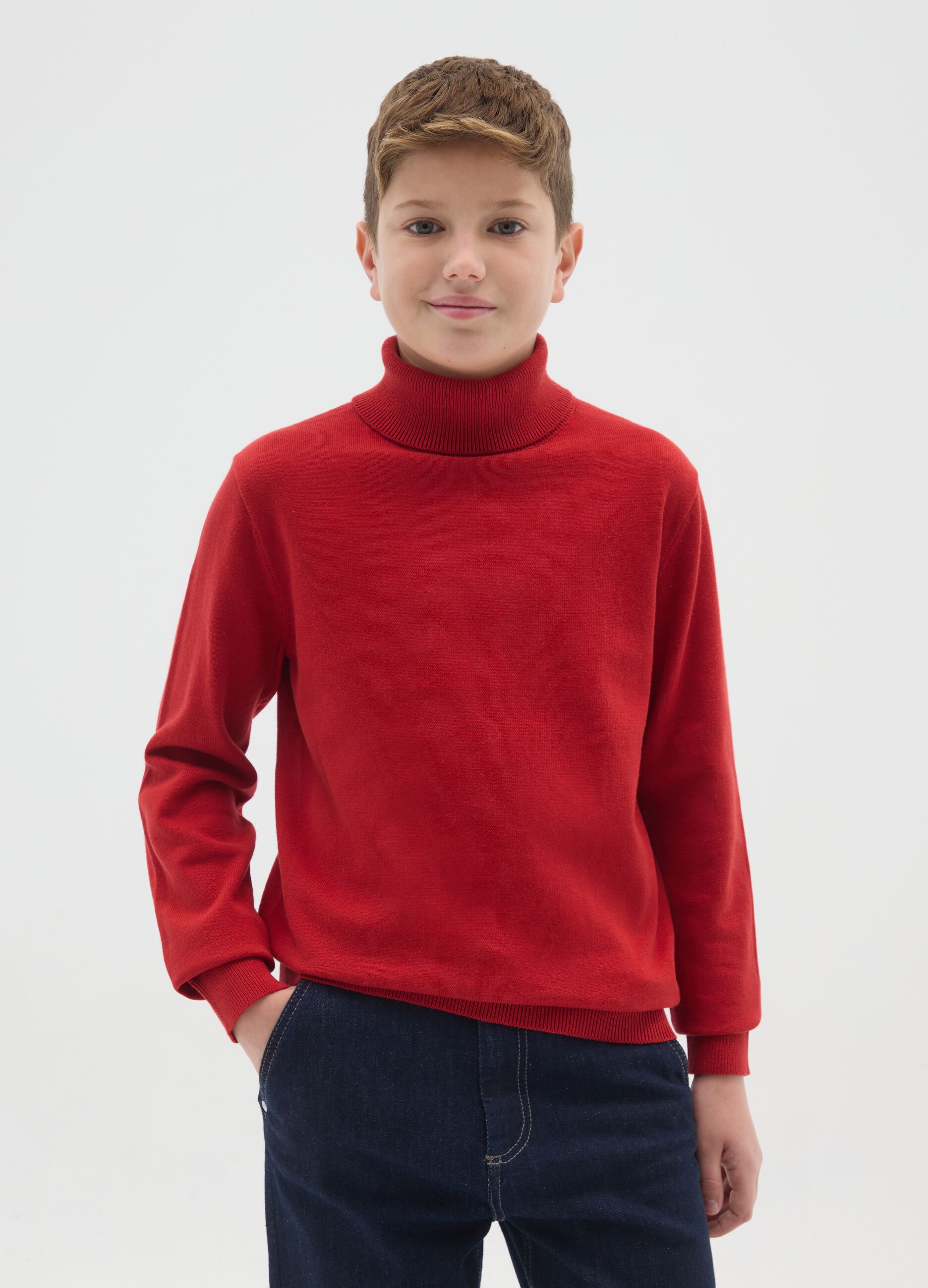 Red high-neck jumper for boys in pure cotton regular fit