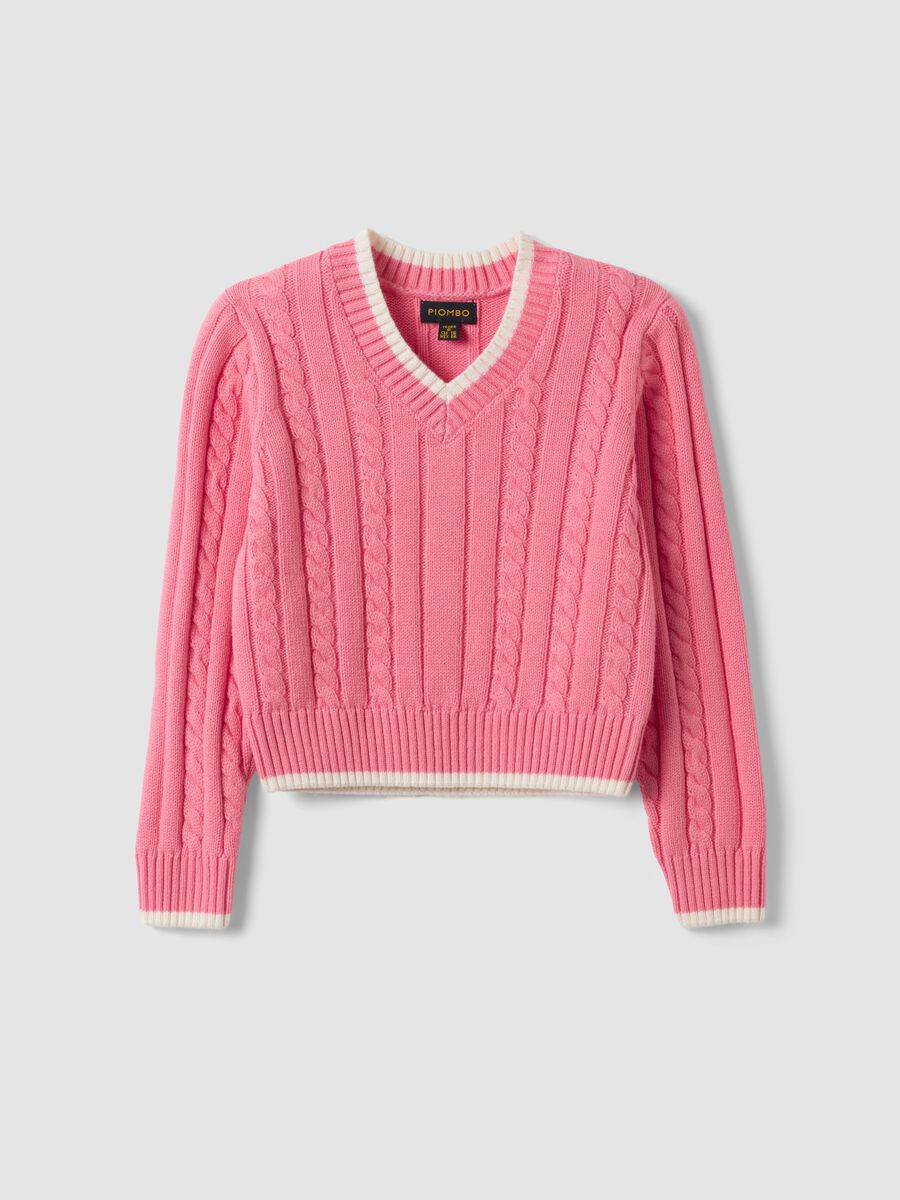 Pink pure cotton cable-knit V-neck jumper for girls_0