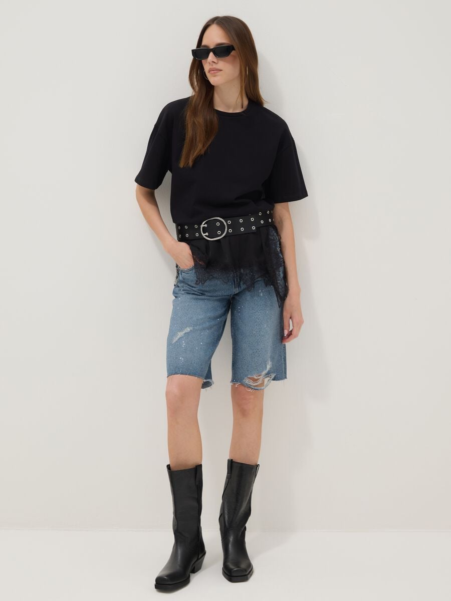 Black pure cotton T-shirt with lace insert, relaxed fit_1