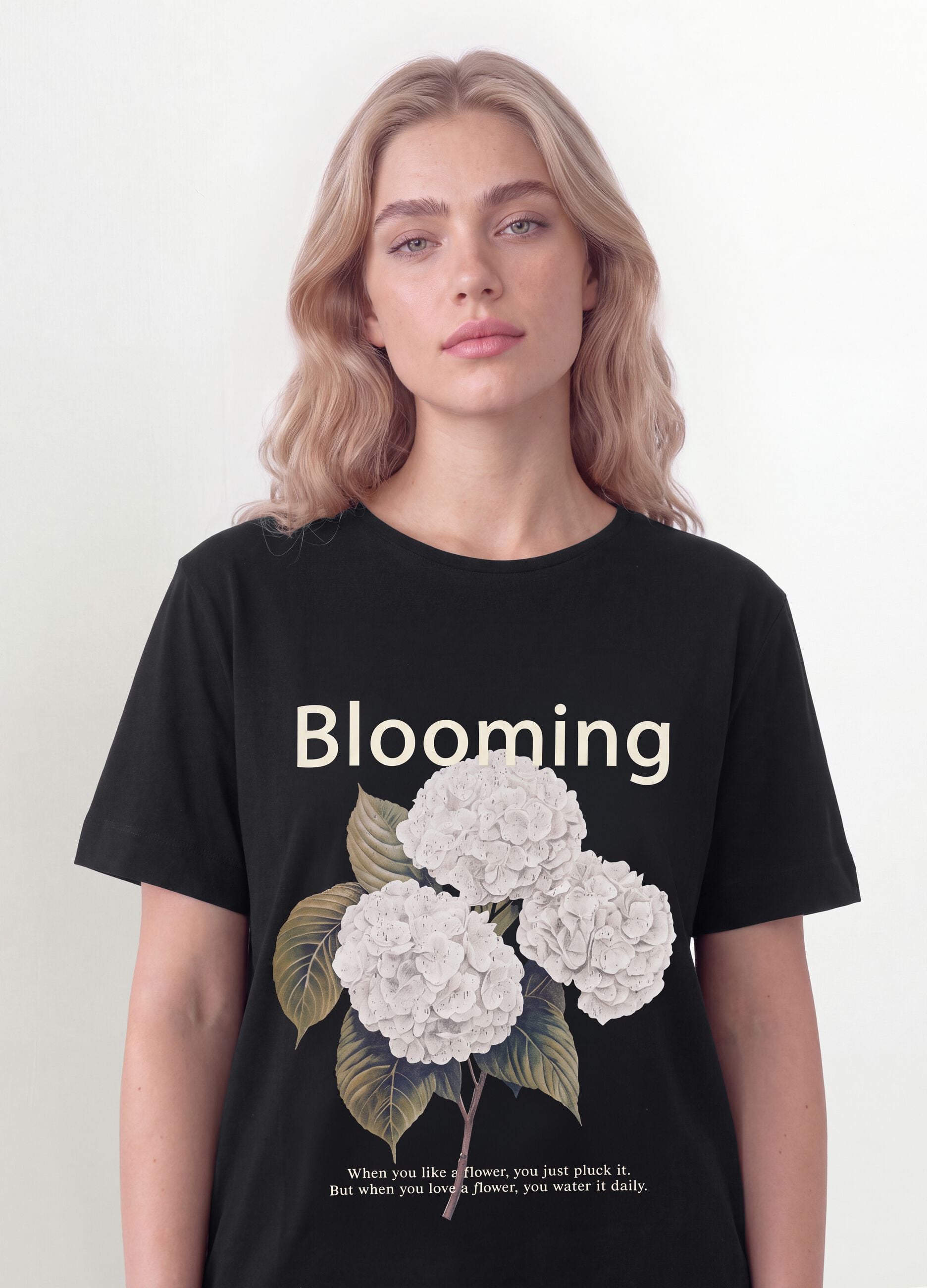 Black pure cotton T-shirt with floral print, regular fit
