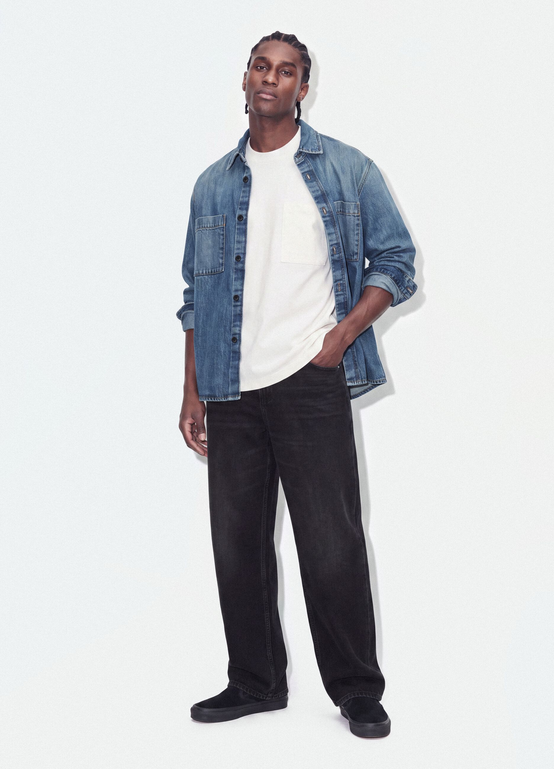 Blue pure cotton denim shirt, regular fit