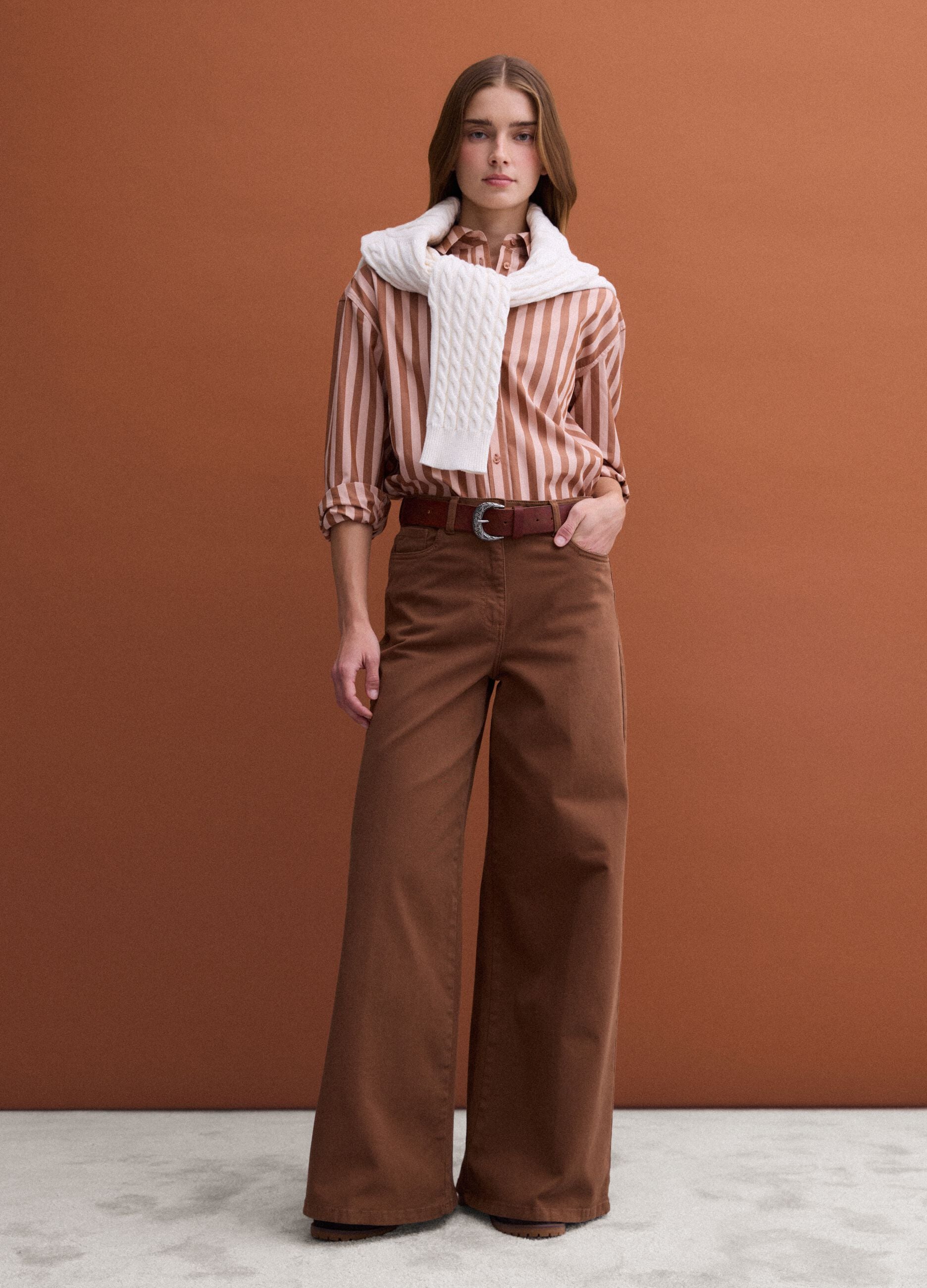 Brown striped pure cotton poplin shirt, regular fit