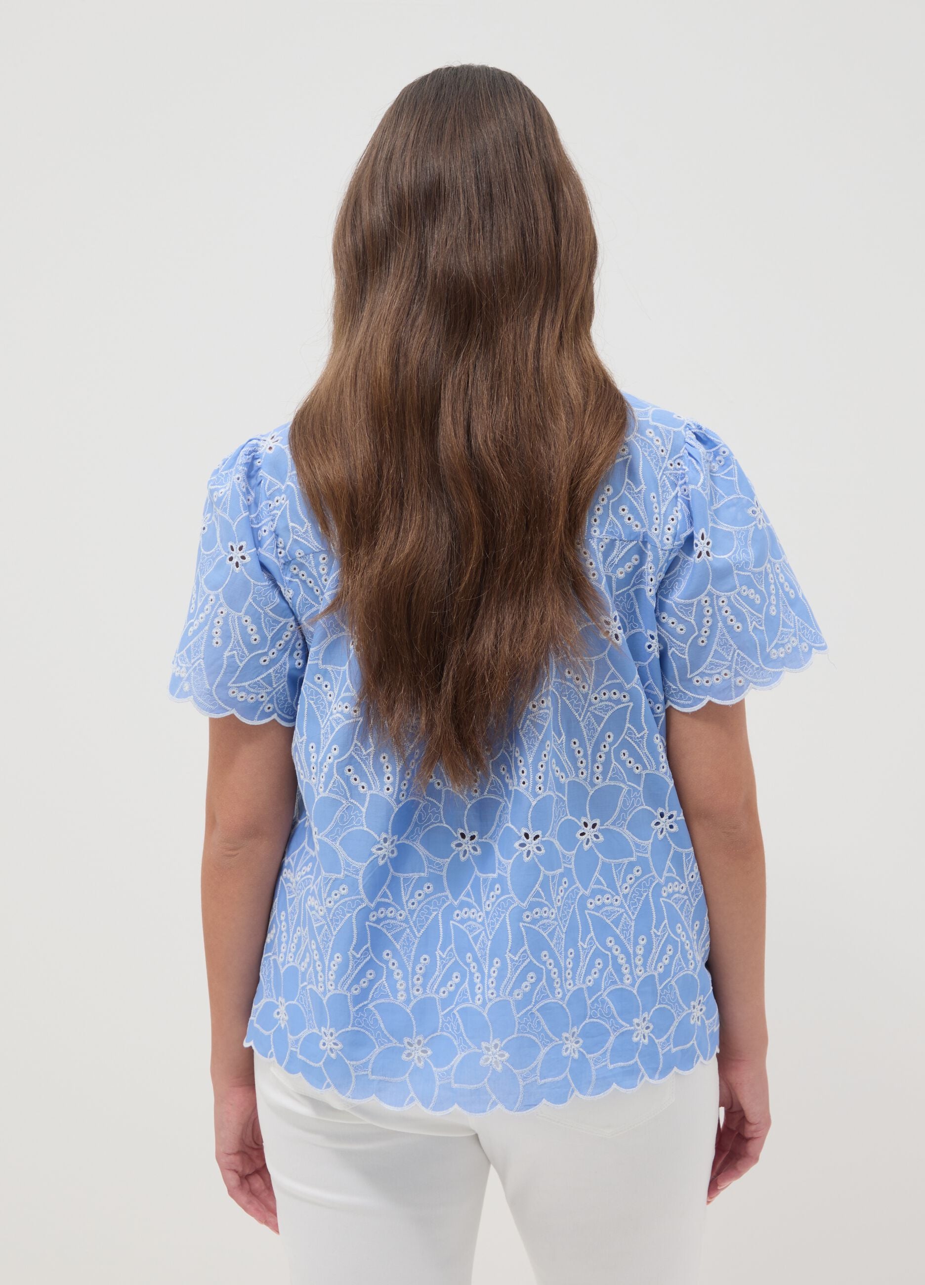 Sky-blue pure cotton broderie anglaise blouse