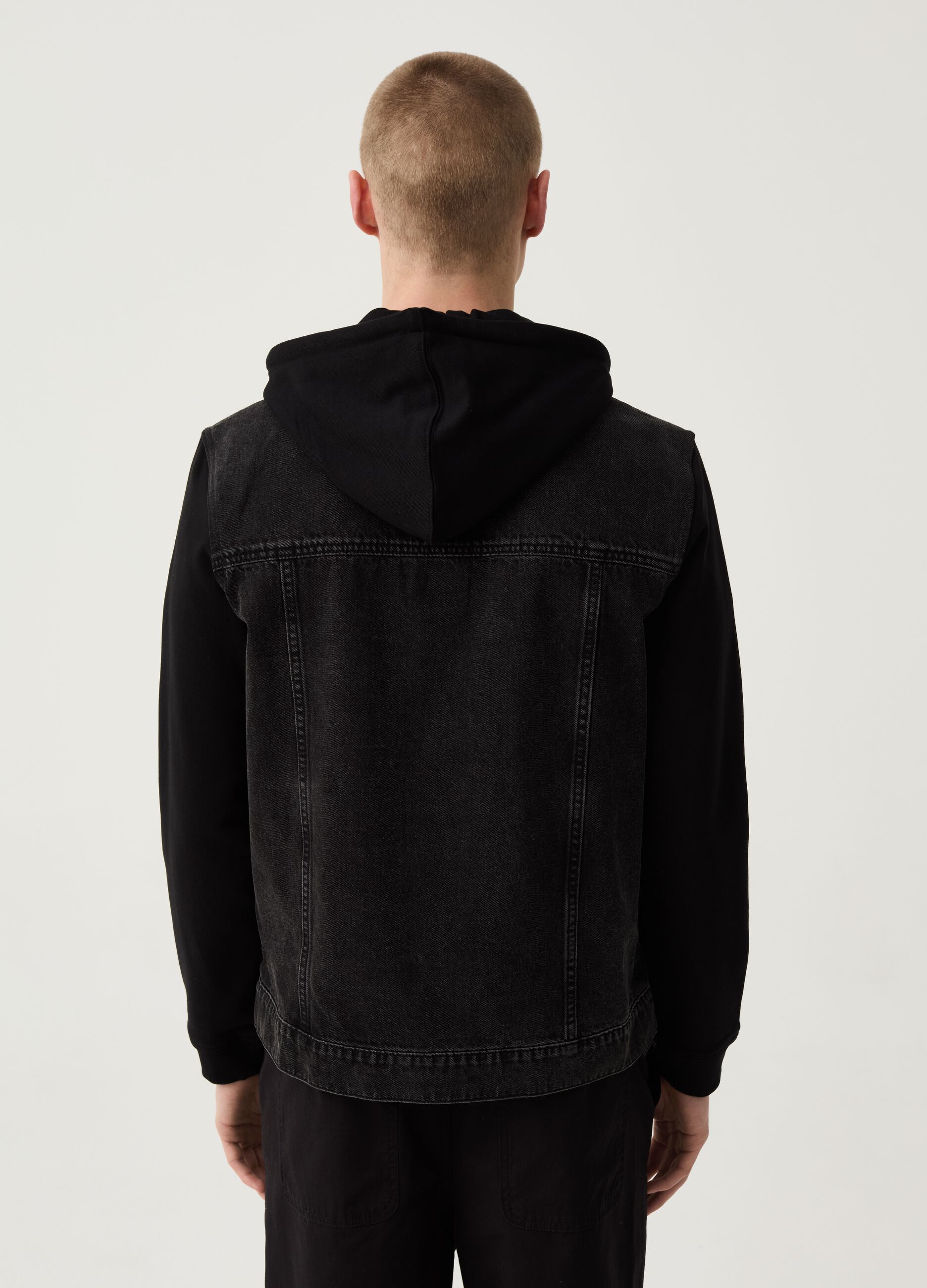 Denim jacket with fleece sleeves and hood