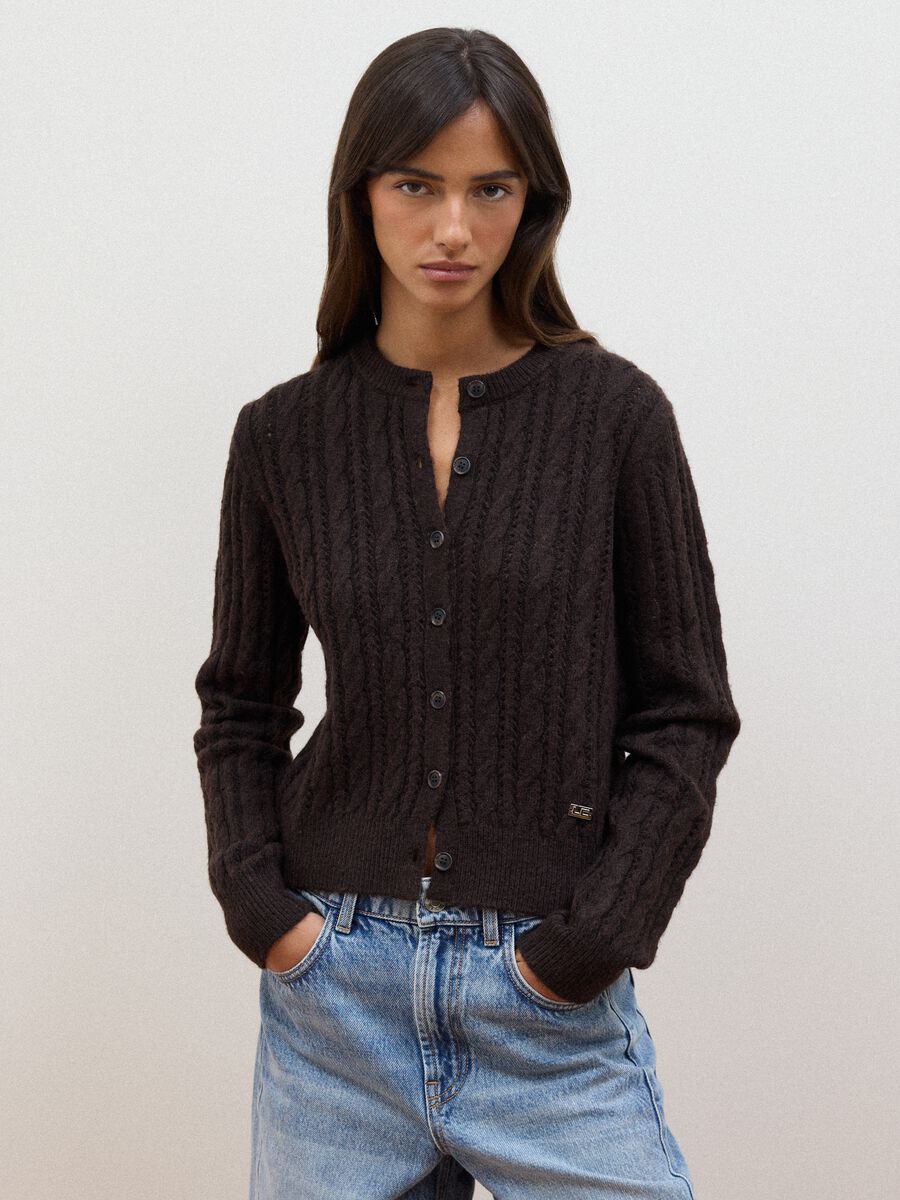 Brown cable-knit wool-blend cardigan_1