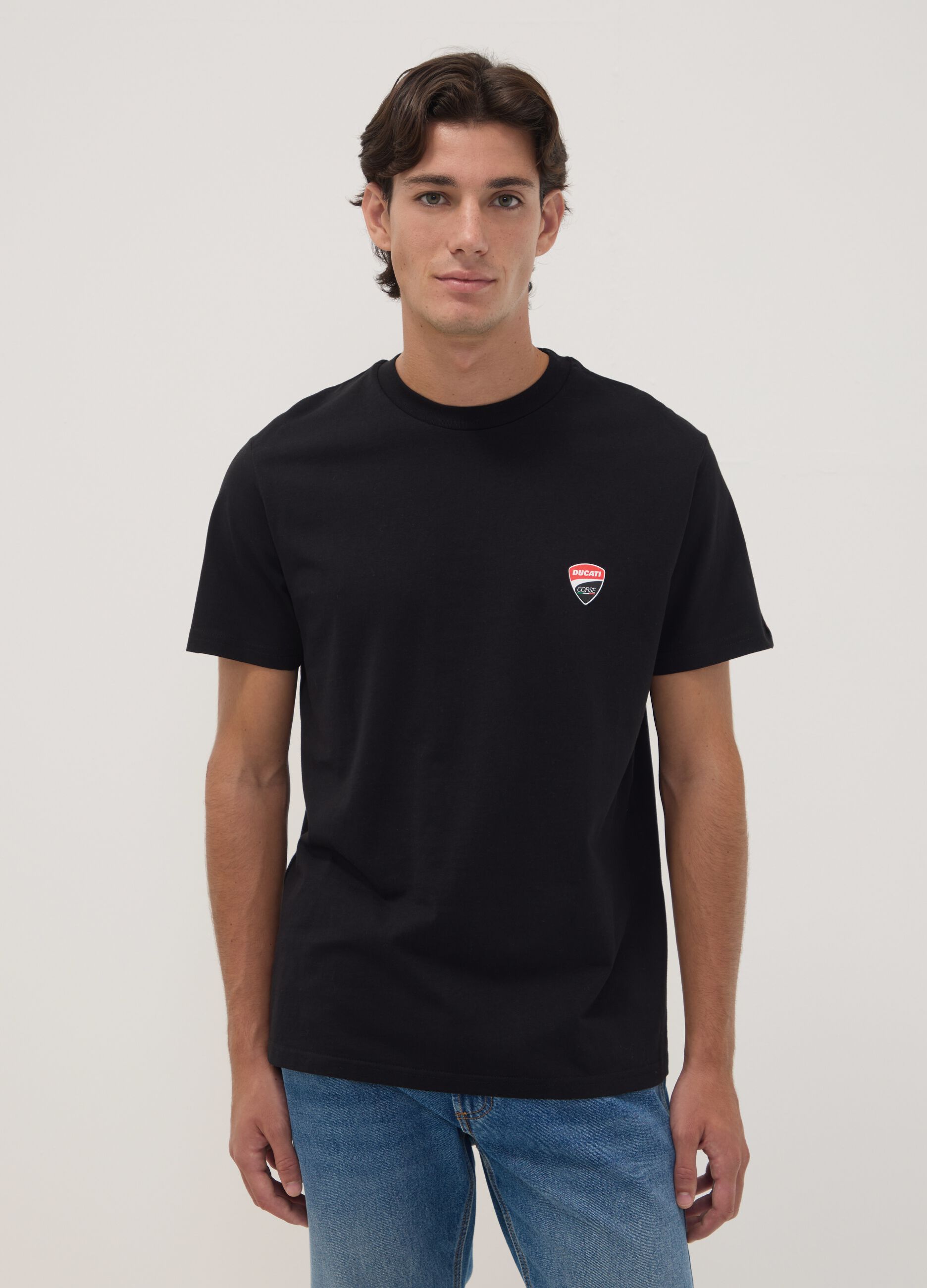 T-shirt preta em algod&atilde;o puro com estampado Ducati, regular fit