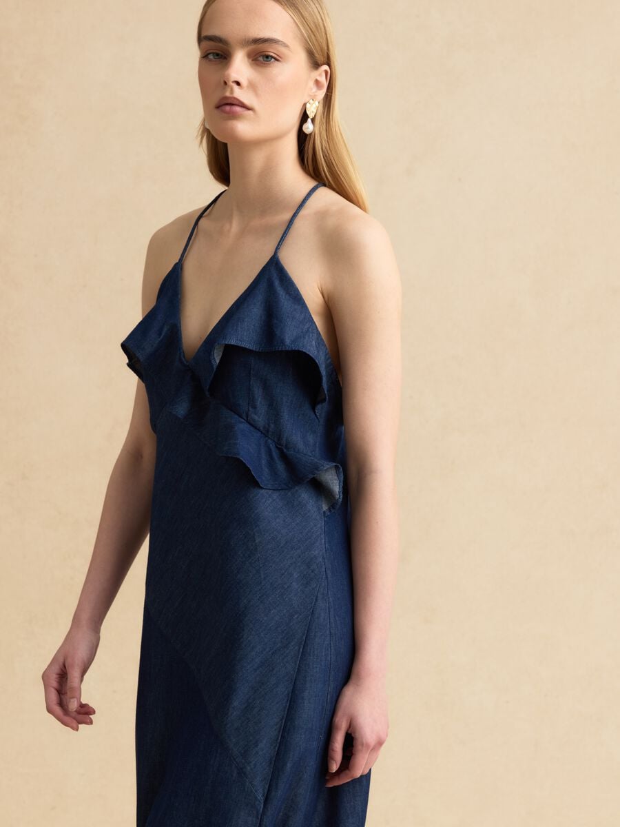 Vestido largo azul de algod&oacute;n puro con volantes_2