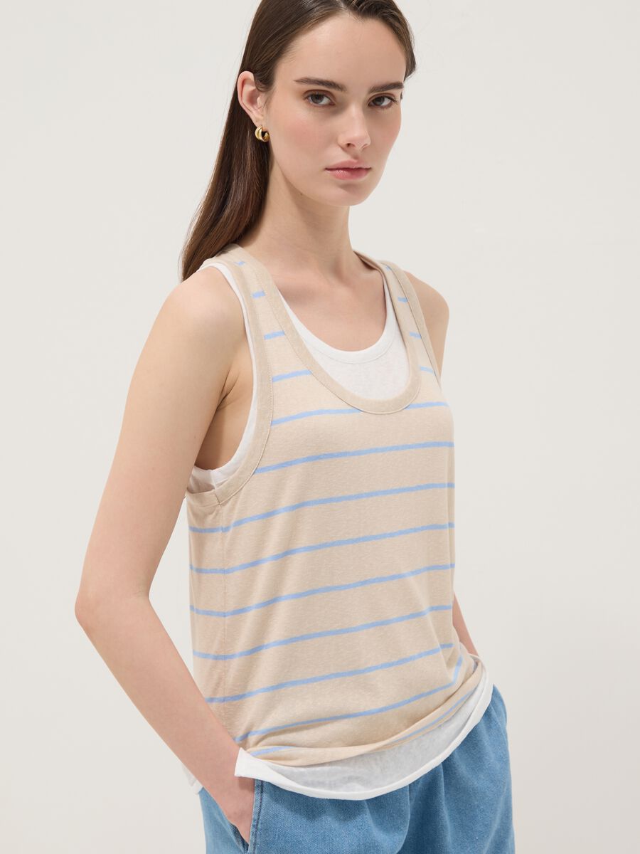 Beige striped viscose-blend tank top, regular fit_0
