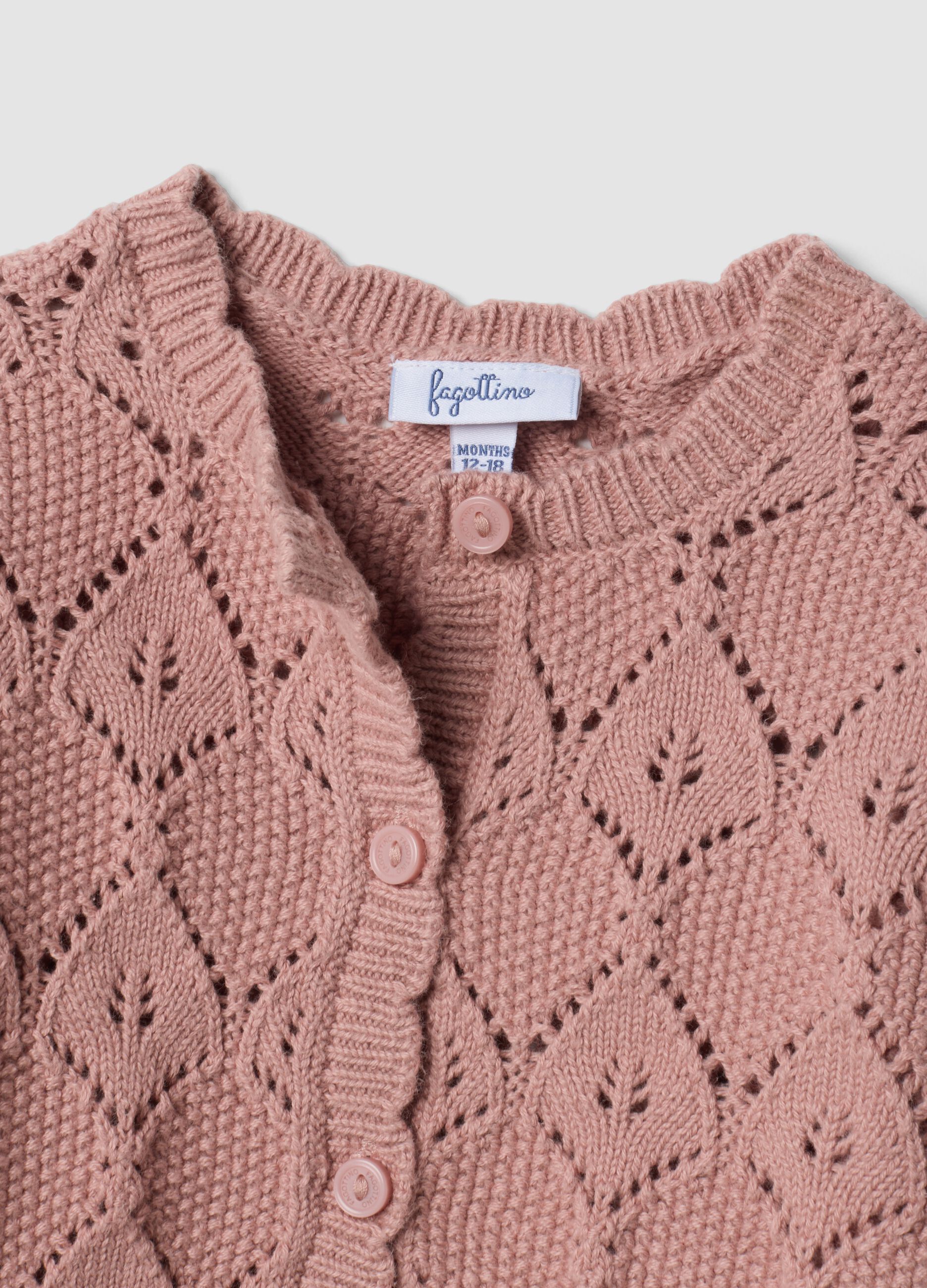 Pink cotton-blend cardigan with openwork round neck