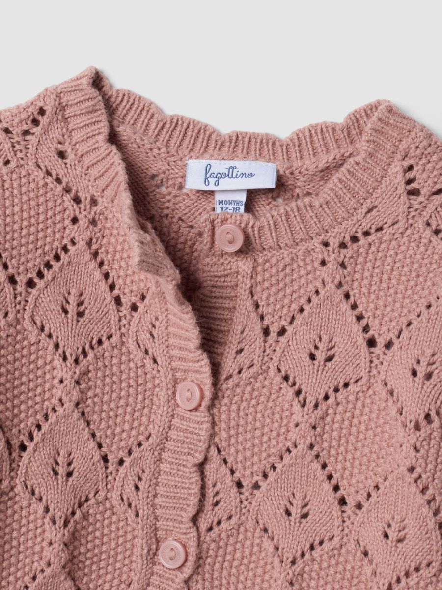 Pink cotton-blend cardigan with openwork round neck_3