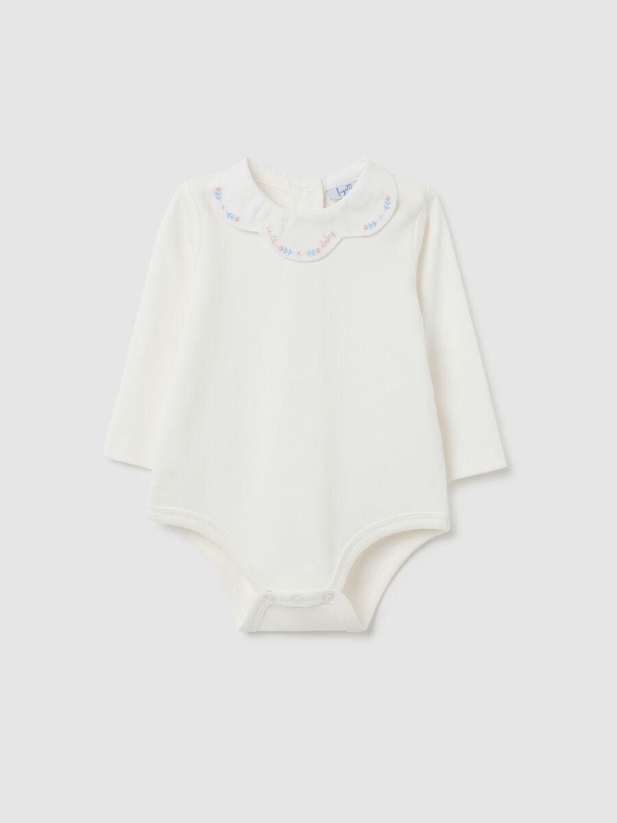 White pure cotton baby bodysuit with collar_0