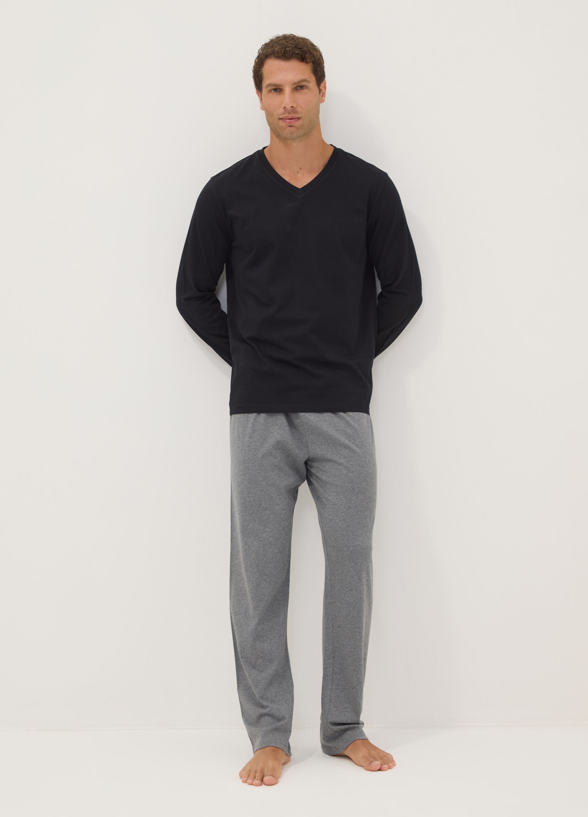 Black and grey pure organic cotton V-neck regular-fit pyjamas