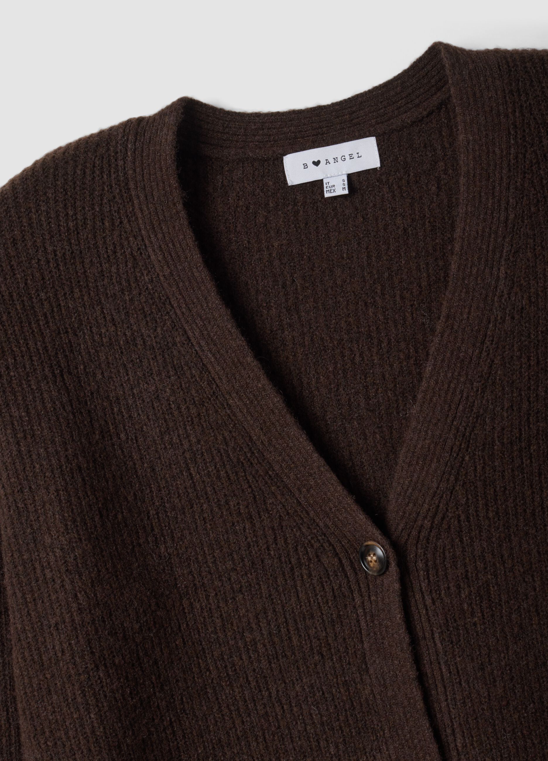 Brown stretch-fabric cardigan with deep V-neckline