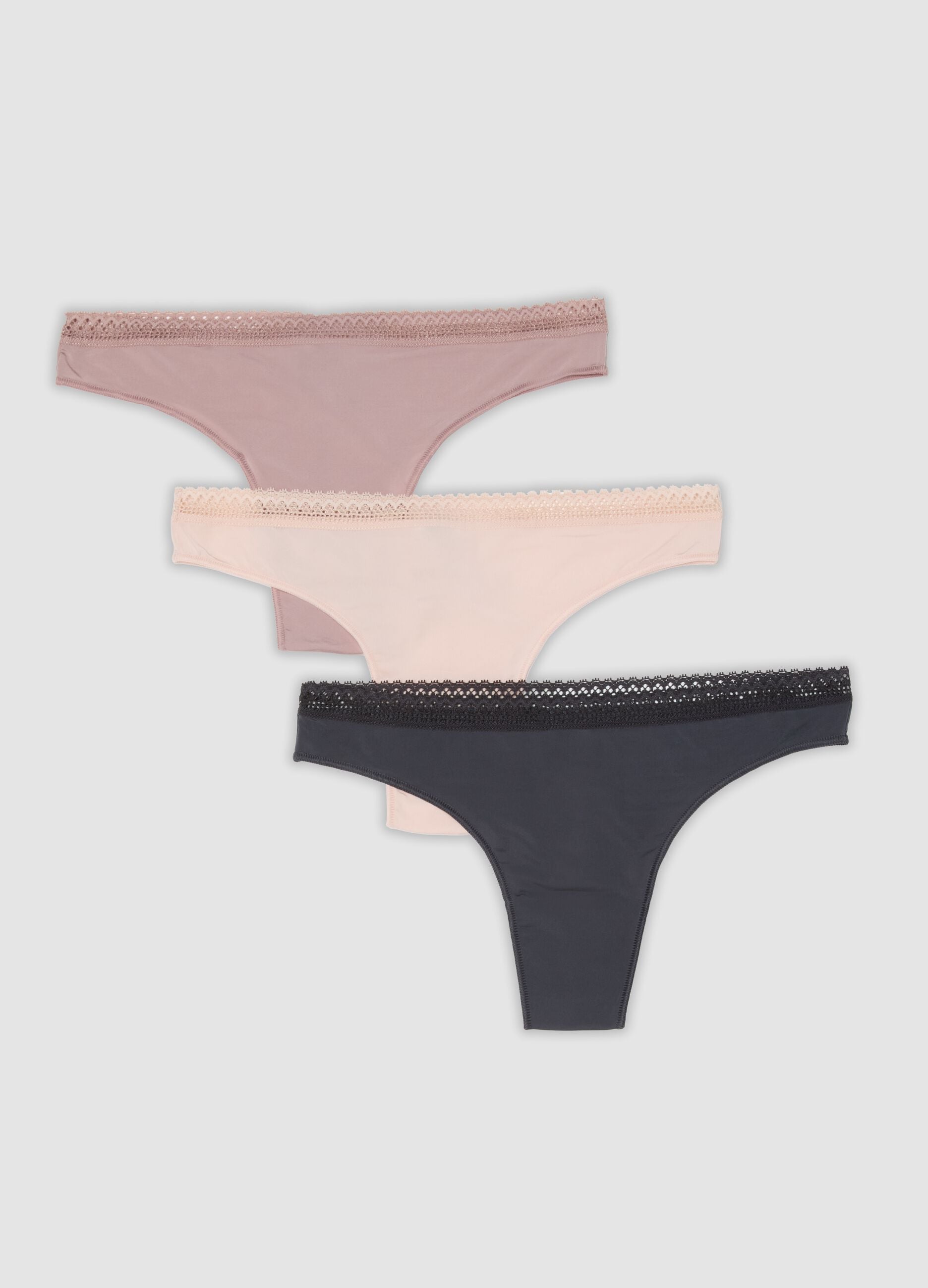 3-pack of multicolour Brazilian briefs with lace trim
