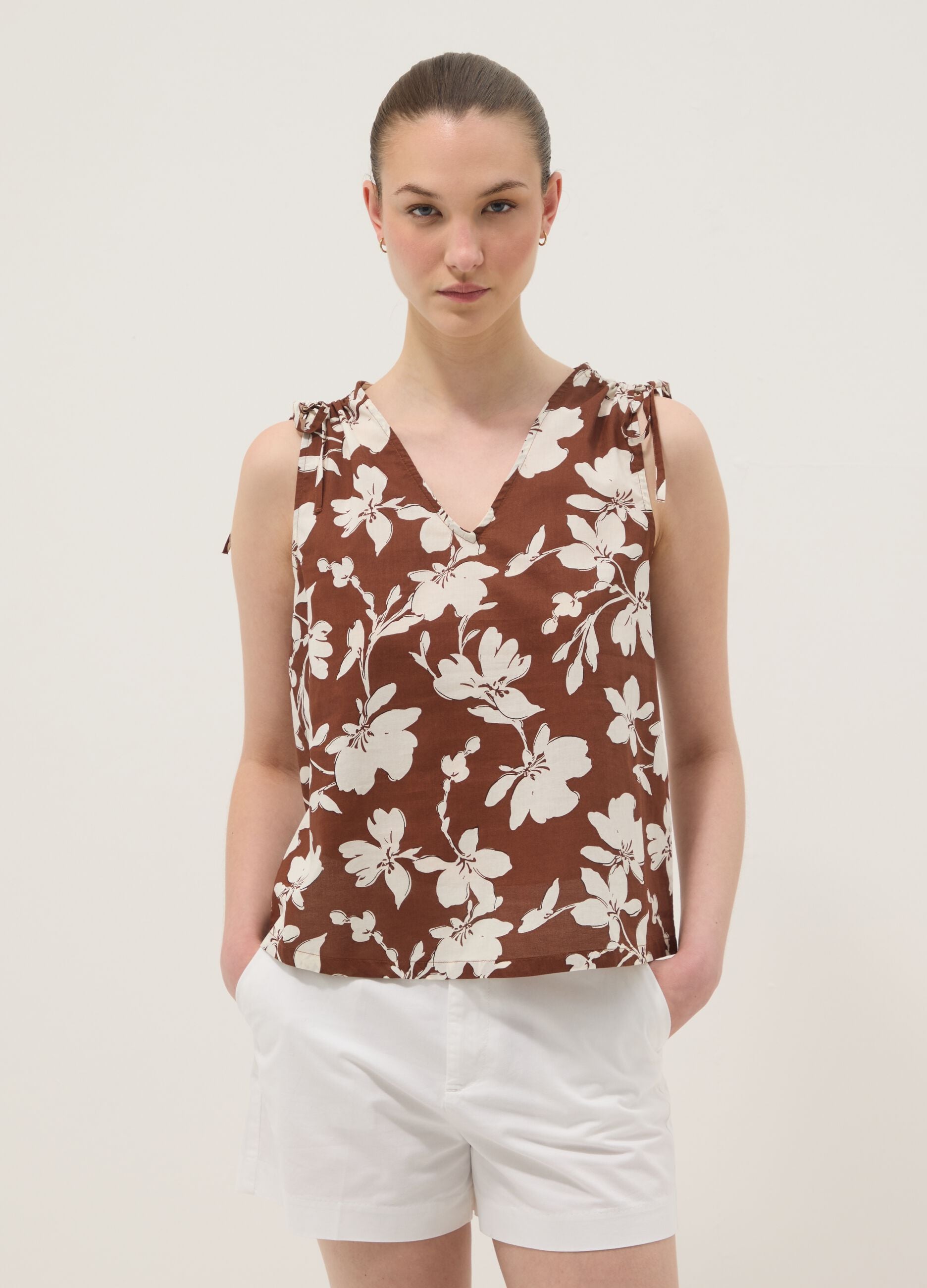 Brown pure cotton V-neck floral print blouse, regular fit