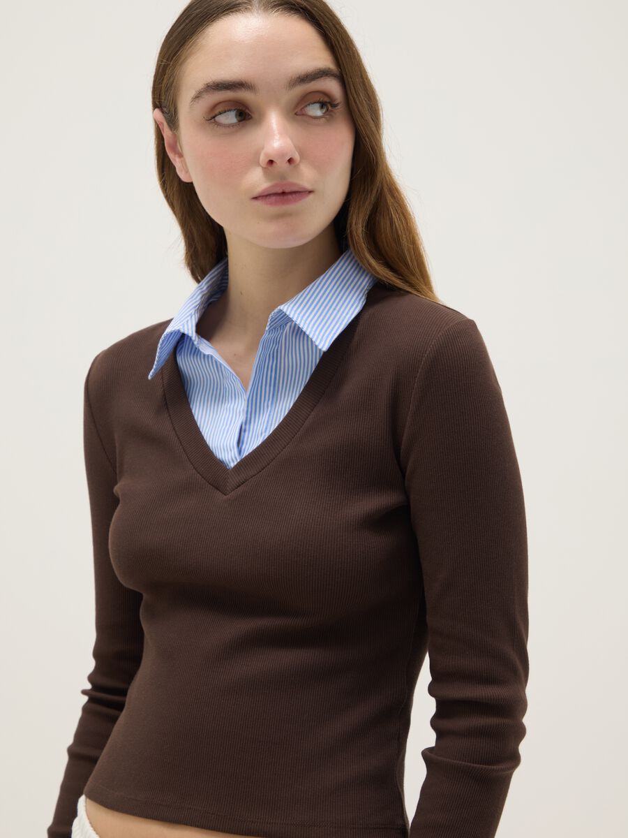 Brown stretch cotton regular fit t-shirt with contrasting collar_3