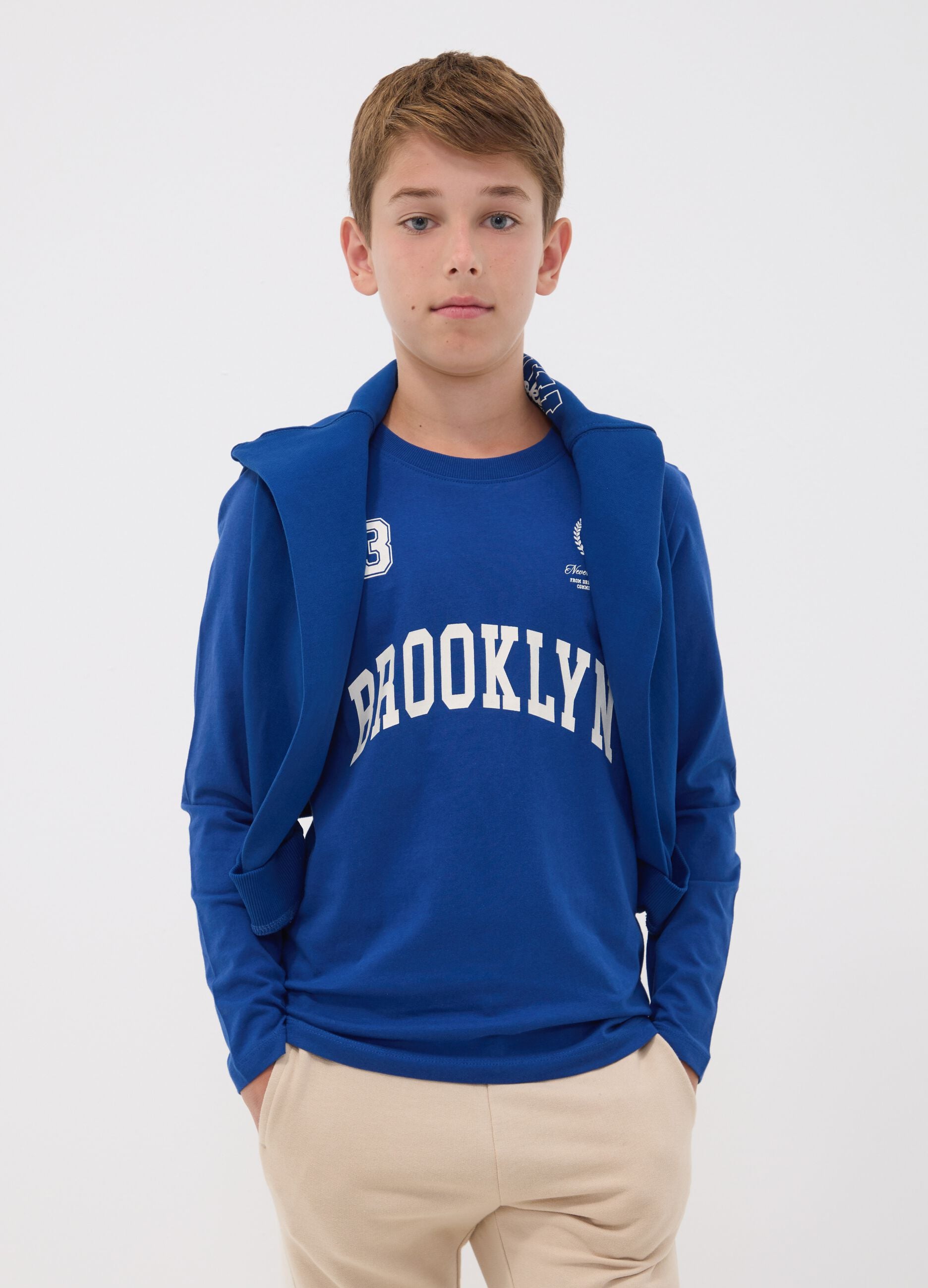 Blue pure organic cotton T-shirt with front print for boys