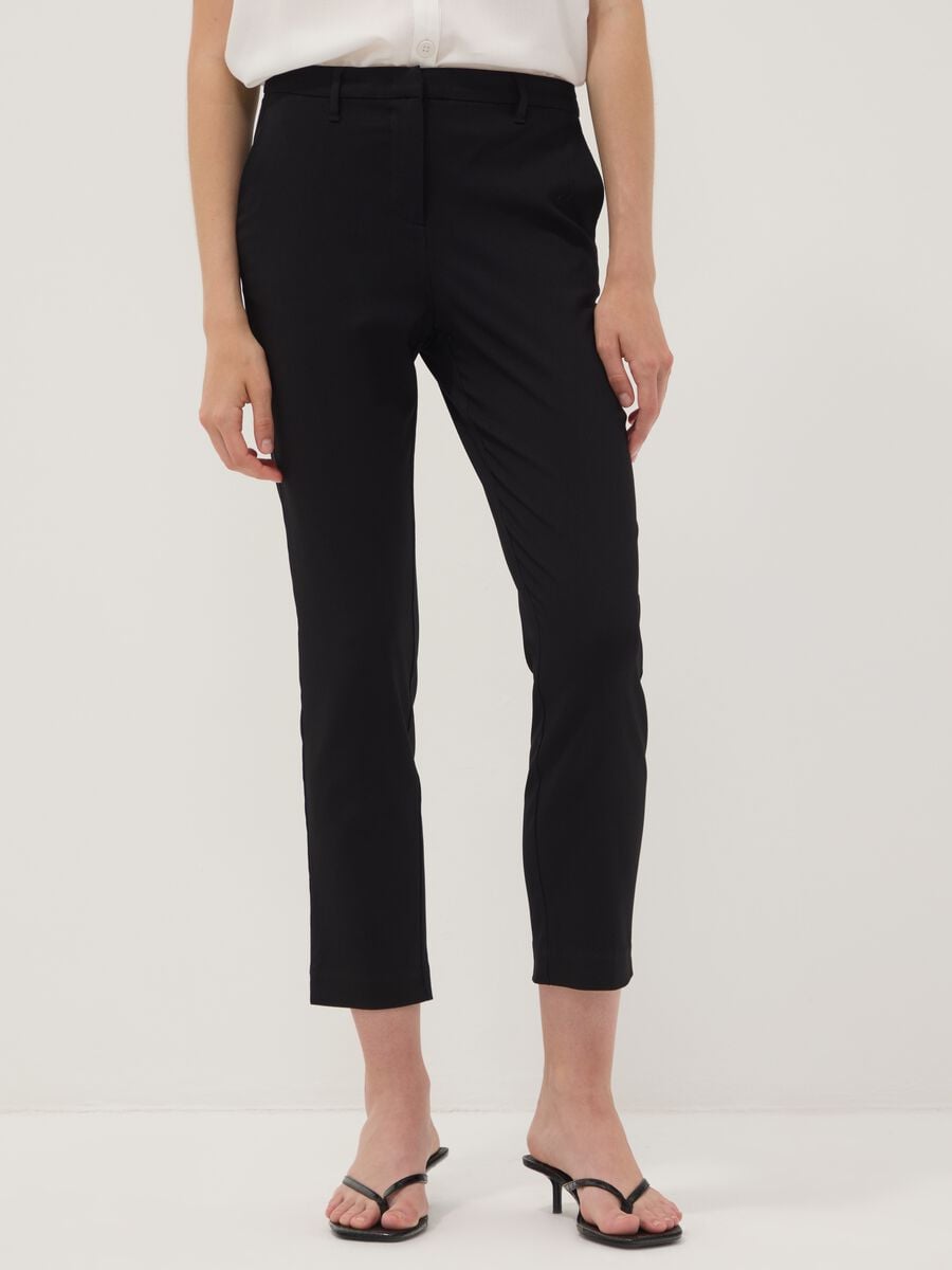 Black stretch viscose slim-fit chino trousers_1