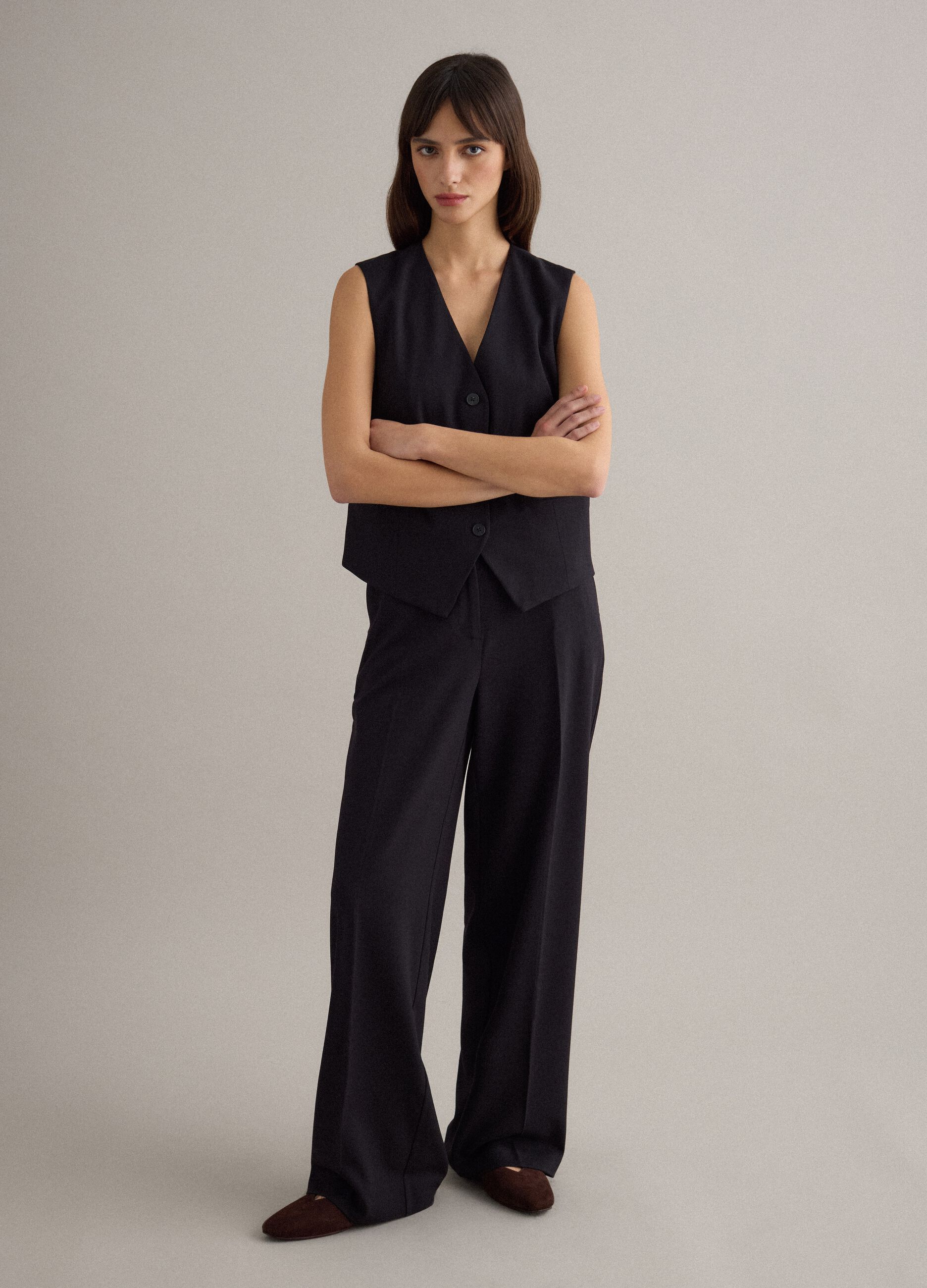 Black viscose blend flare trousers