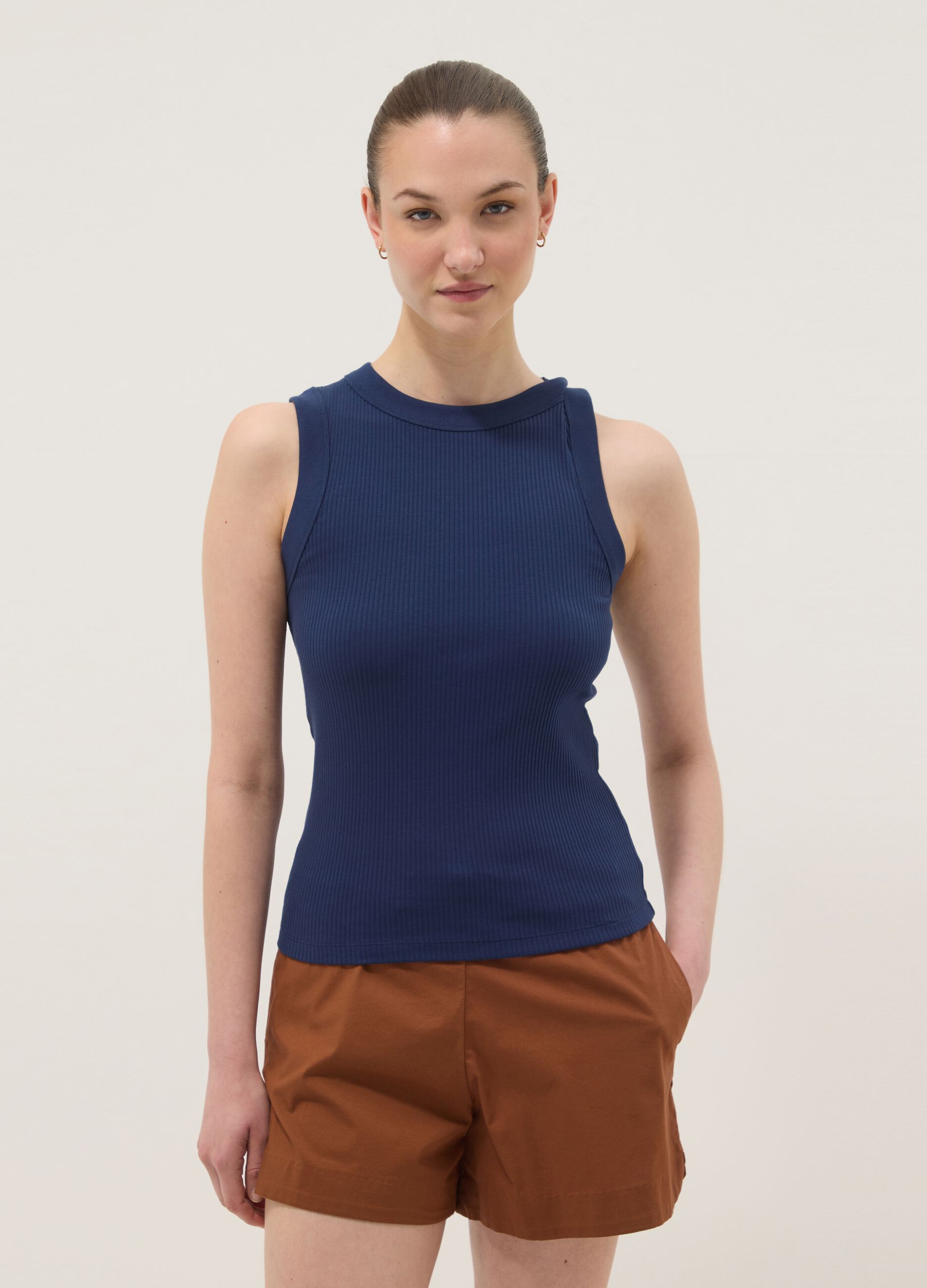 Blue fitted ribbed stretch-cotton tank top