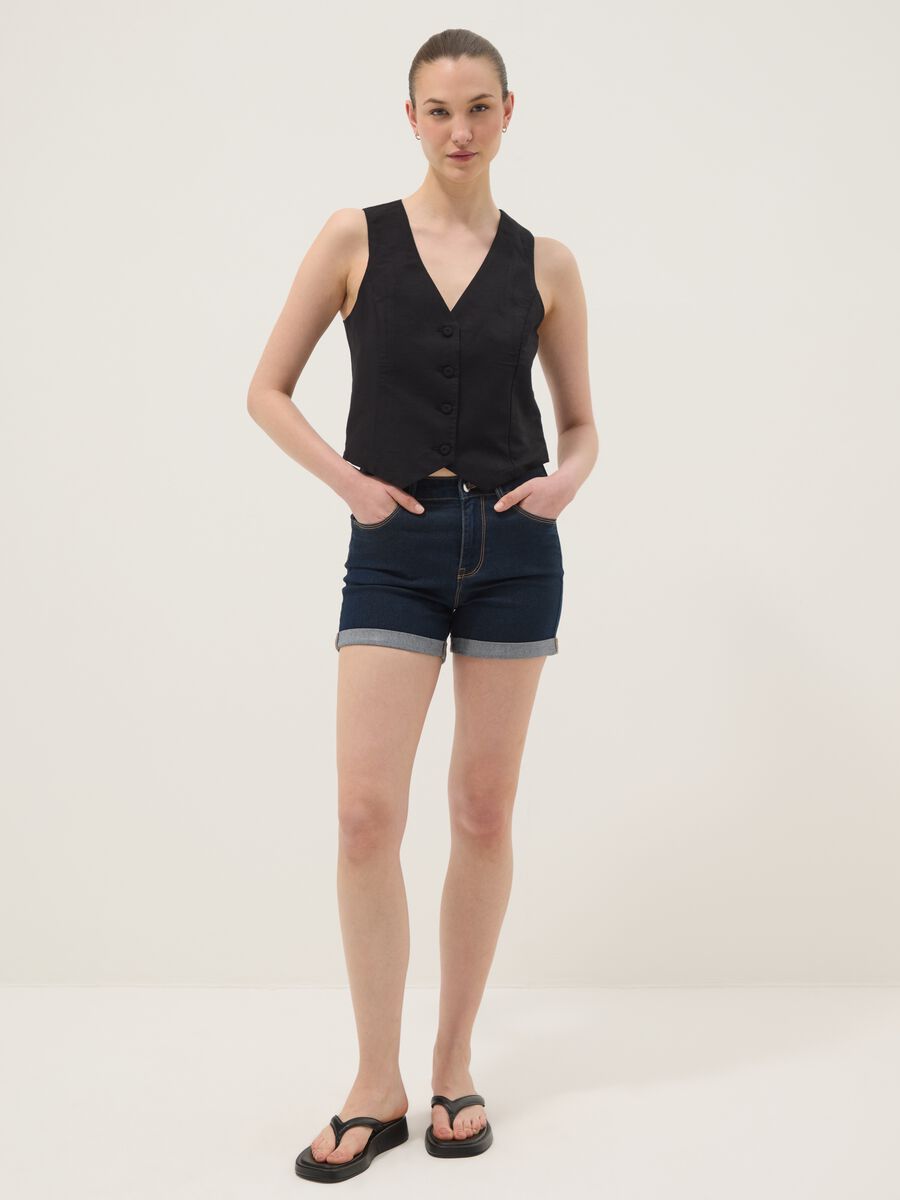 Dark blue stretch cotton denim shorts, regular fit_0