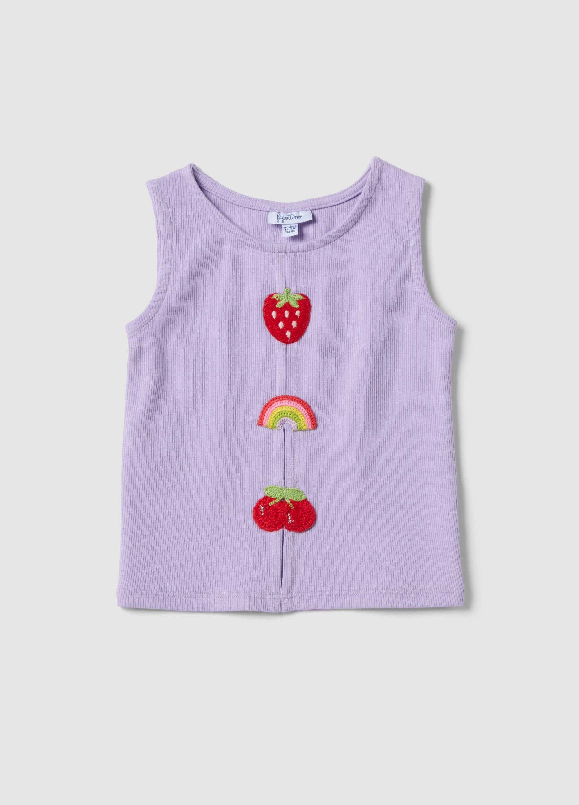 Regular fit purple stretch cotton tank top for girls with embroidery