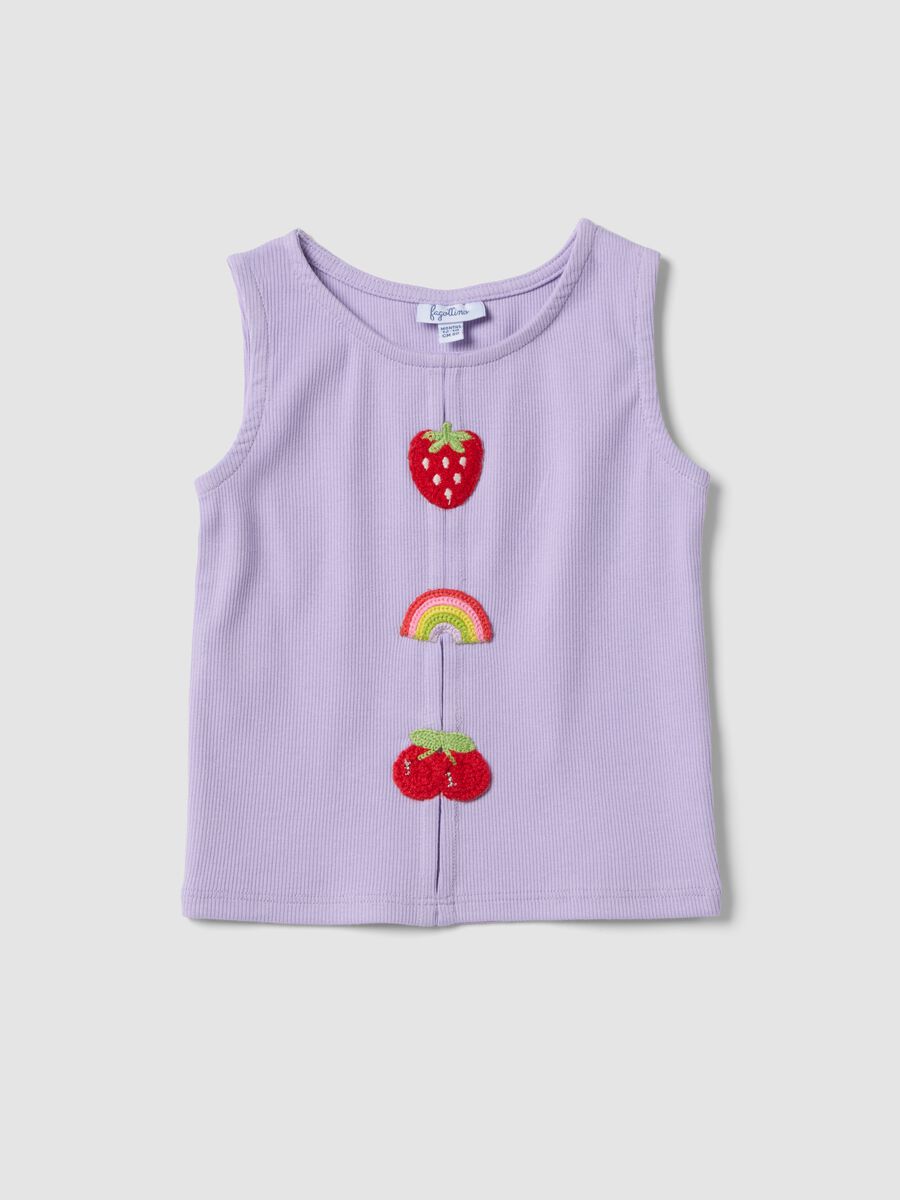 Regular fit purple stretch cotton tank top for girls with embroidery_0