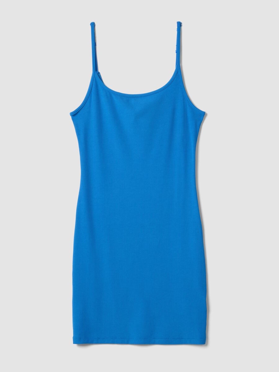 Blue fitted ribbed stretch modal dress with straps_4