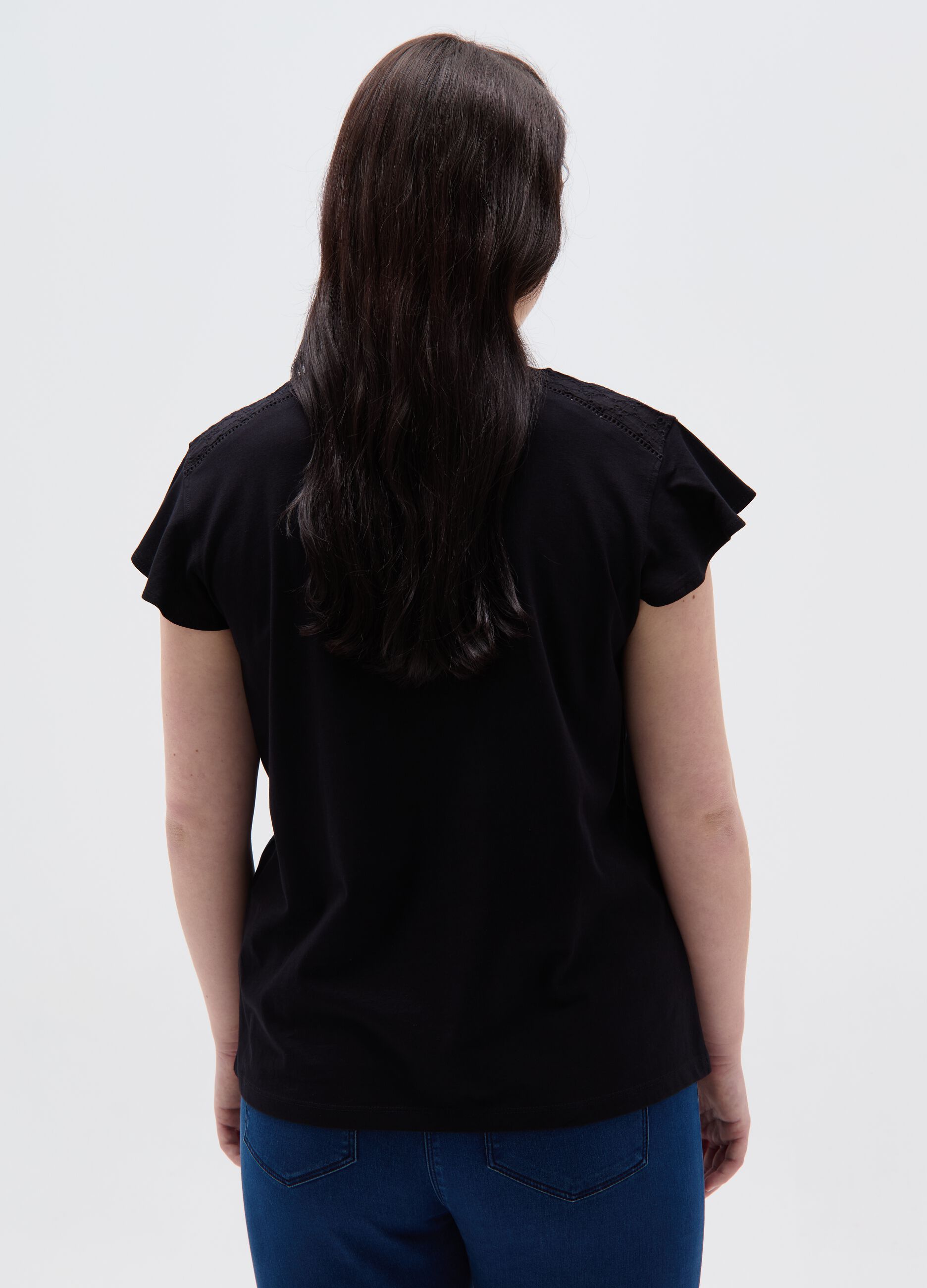Curvy T-shirt with broderie anglaise insert