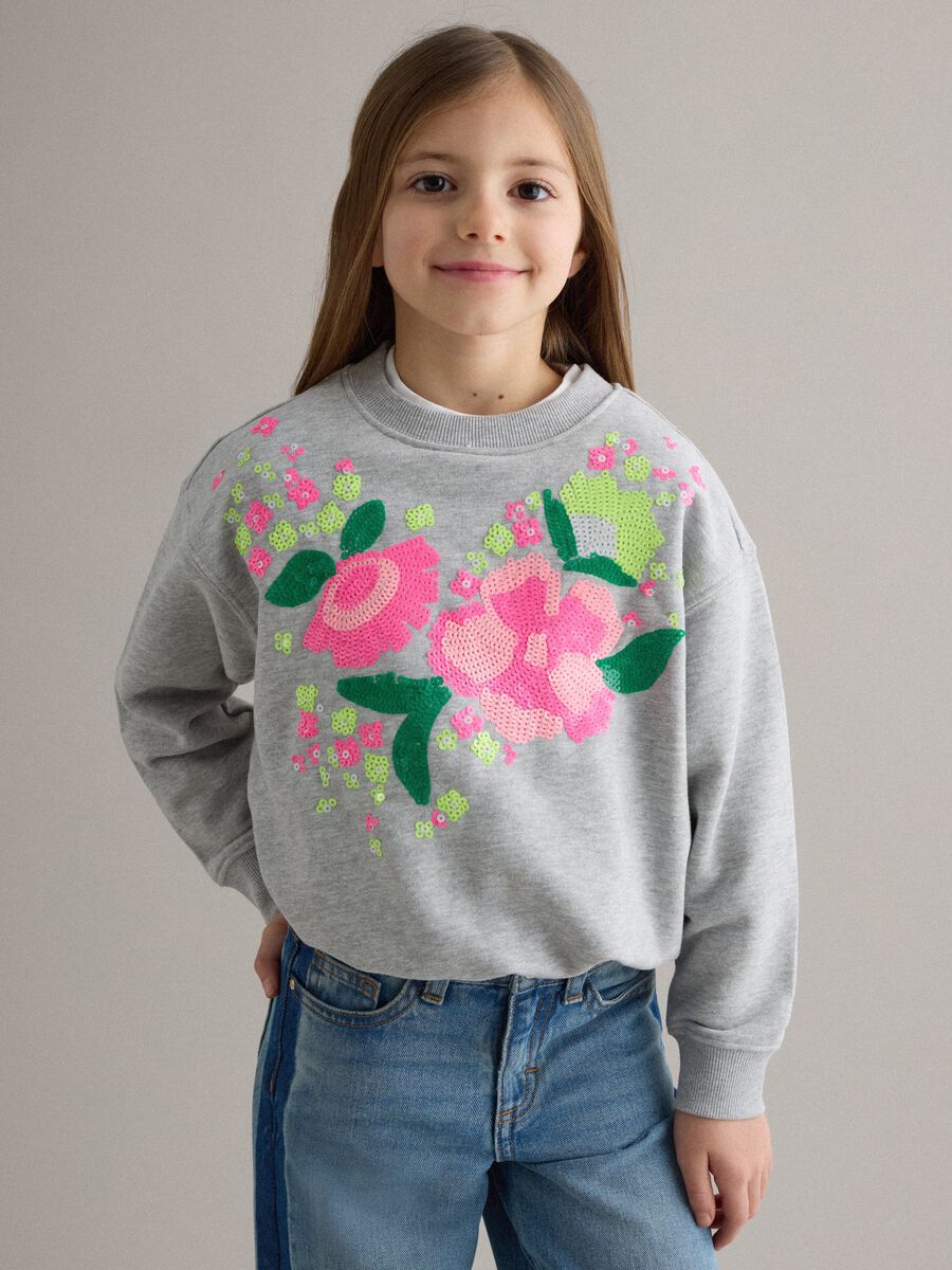 Grey cotton-blend sweatshirt for girls, regular fit with flowers_0