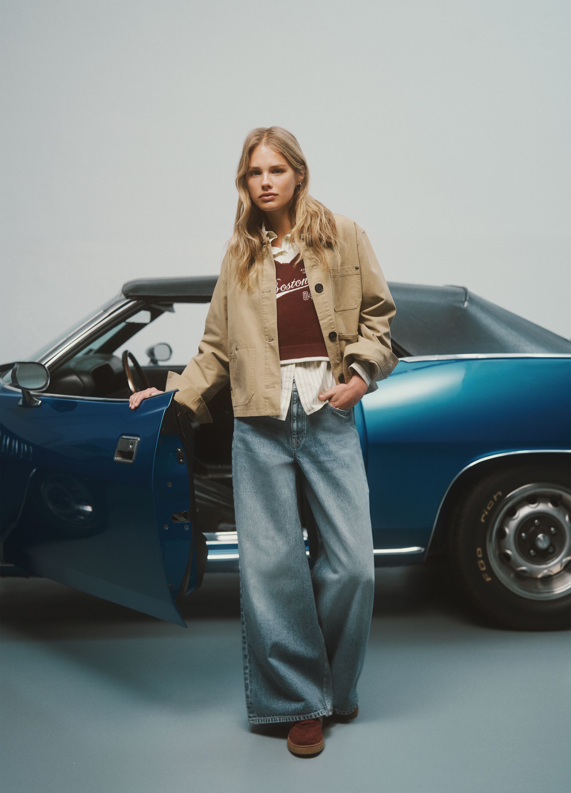 Jeans aus reinem Baumwoll-Denim in Blau mit weitem Bein