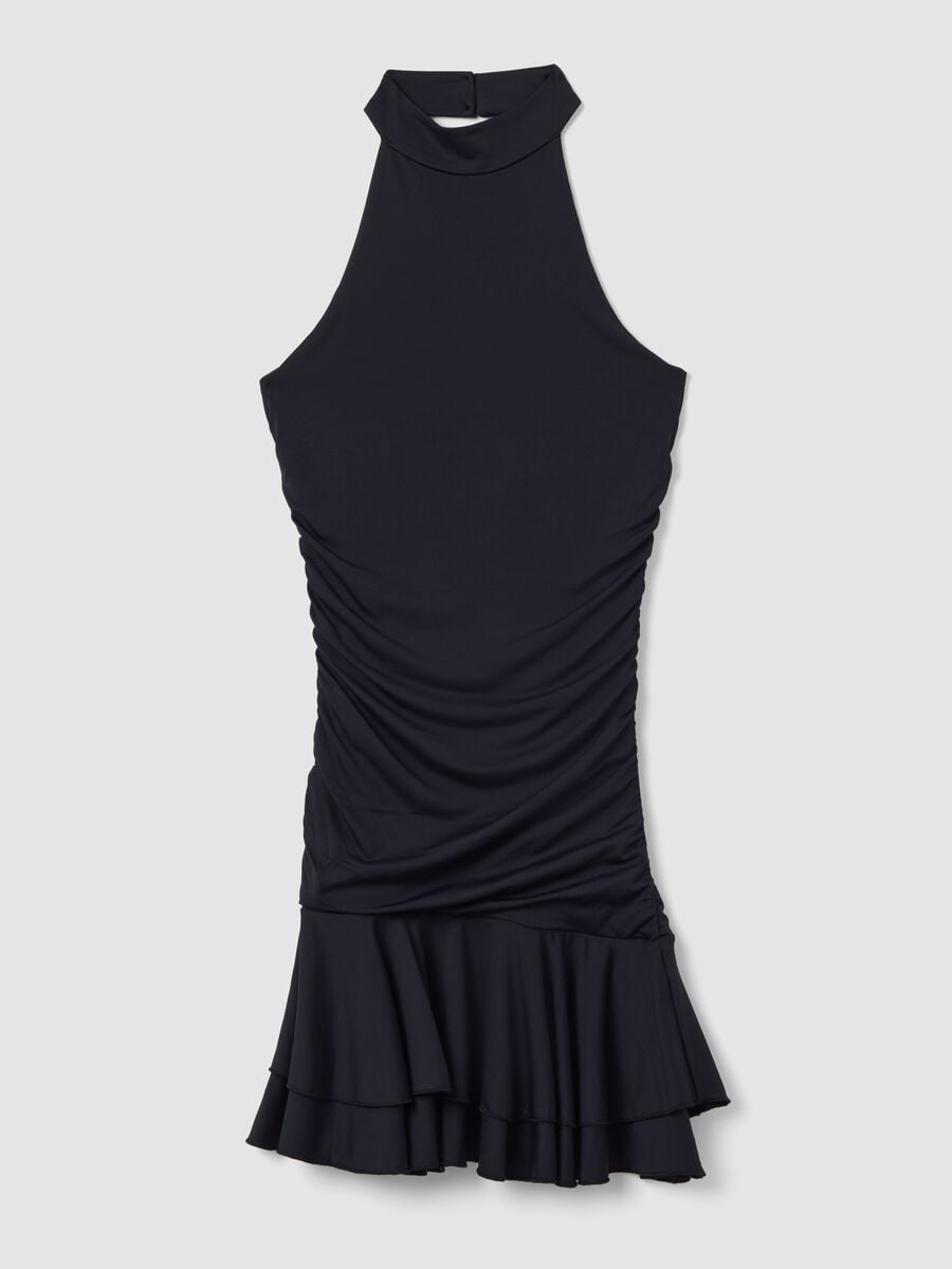 Black stretch dress with high neck and ruffle hem_0