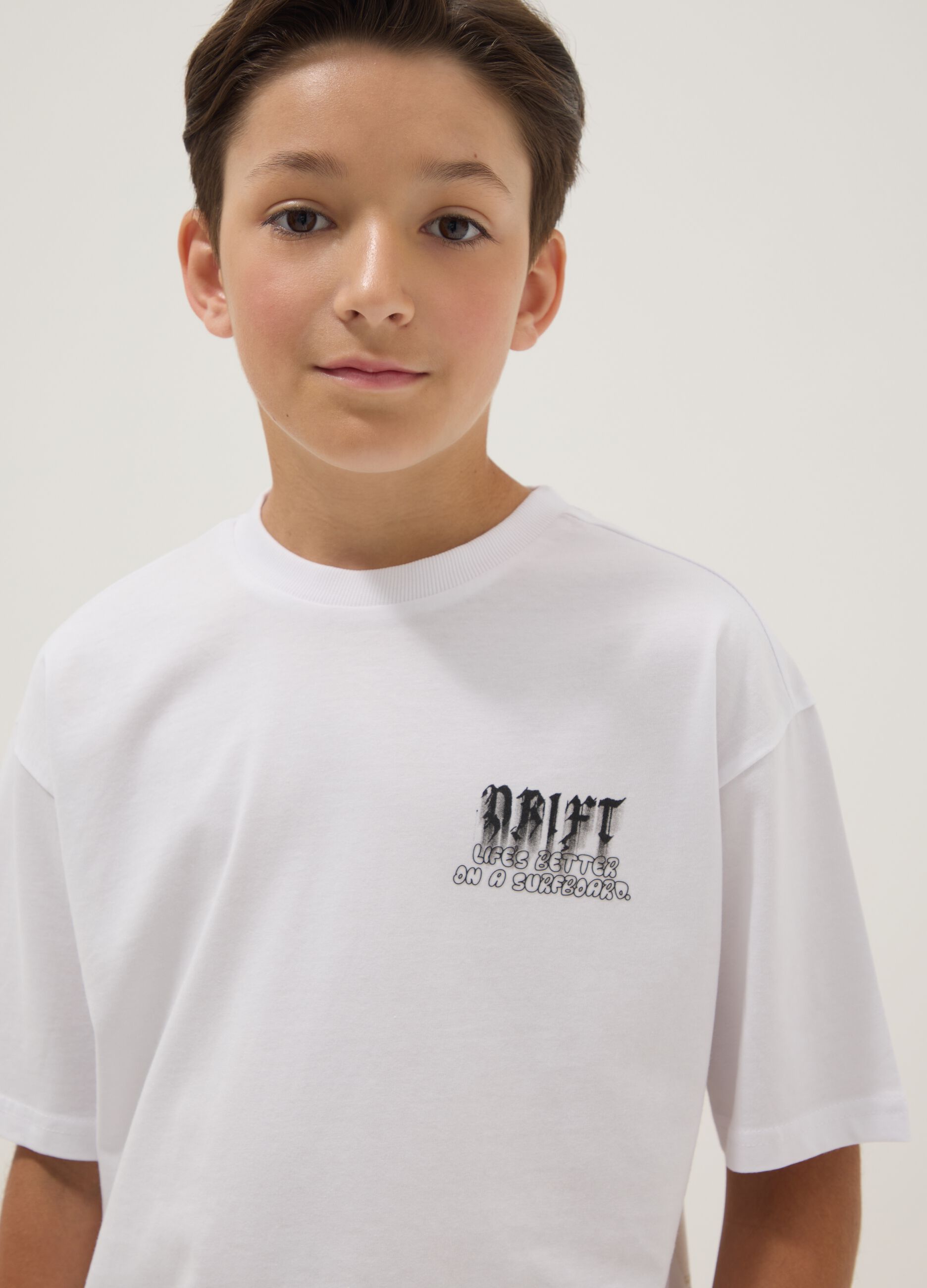 White short-sleeve pure cotton oversized-fit boys&rsquo; T-shirt