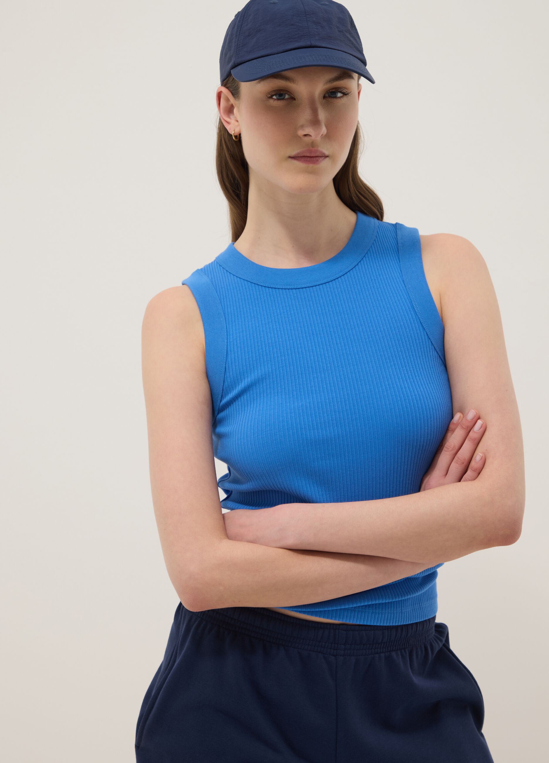Blue fitted ribbed stretch-cotton tank top